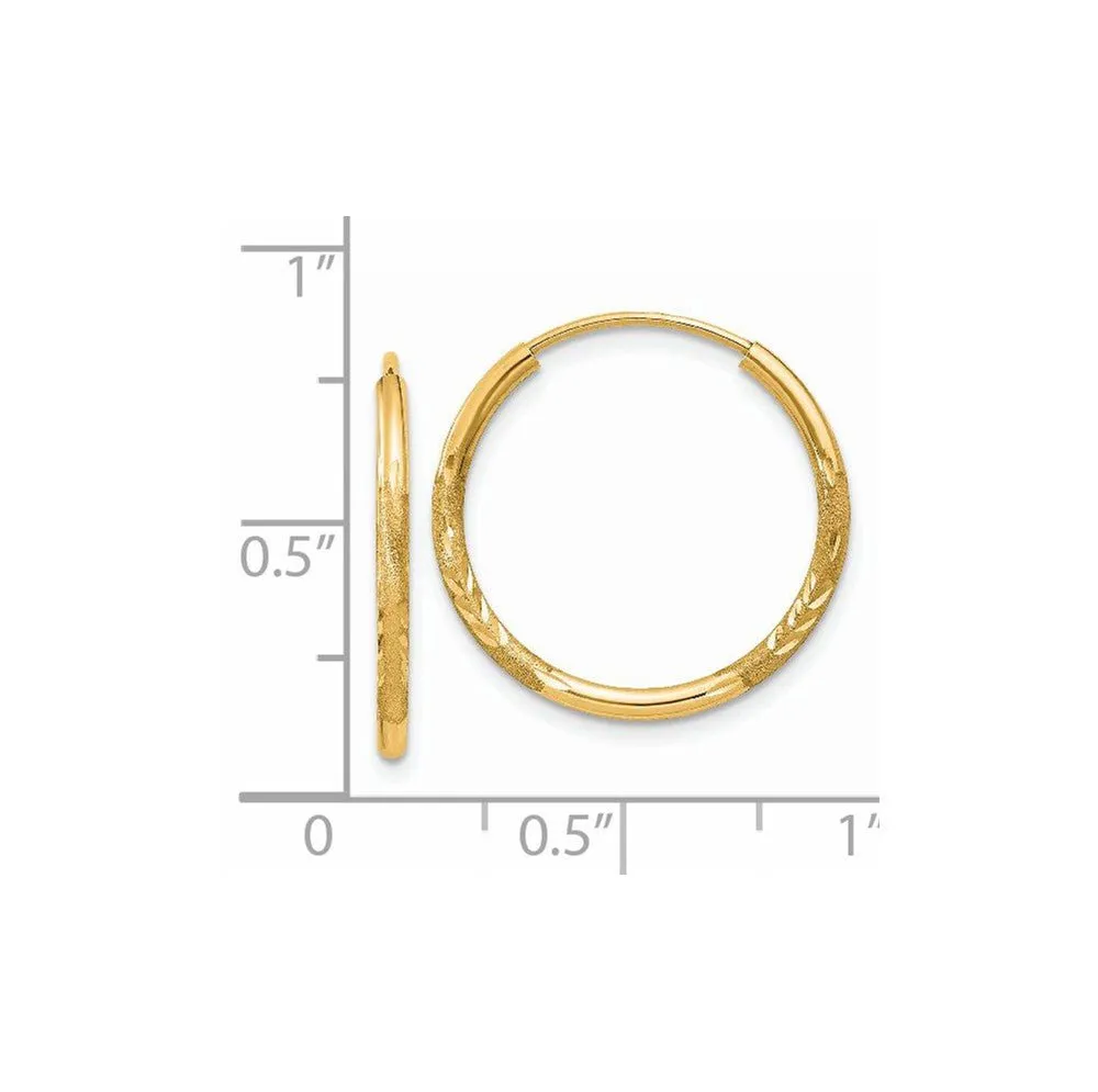 1.5mm x 20mm 14k Yellow Gold Satin Diamond-Cut Endless Hoop Earrings