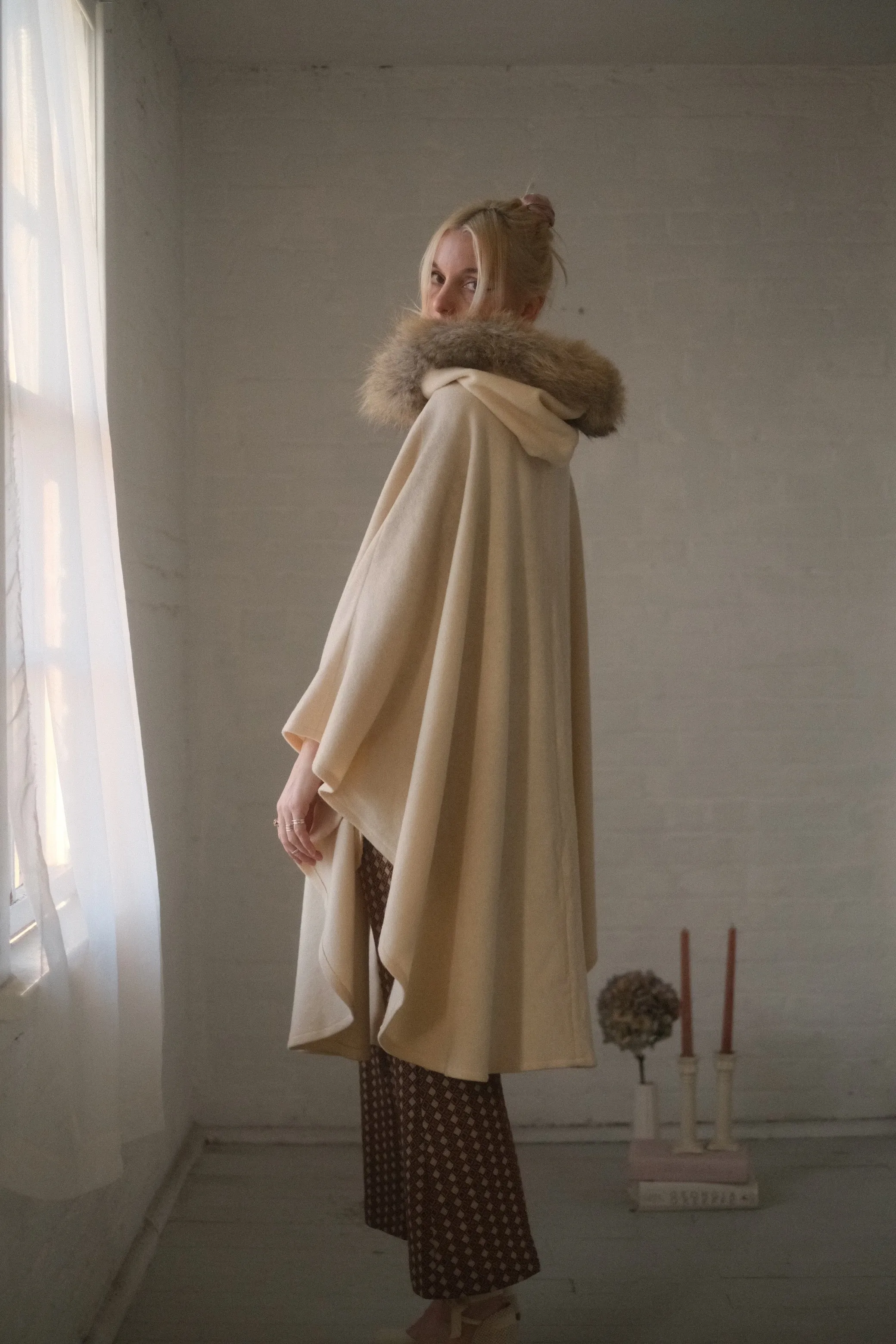 1980s Fur Hooded Ivory Cape