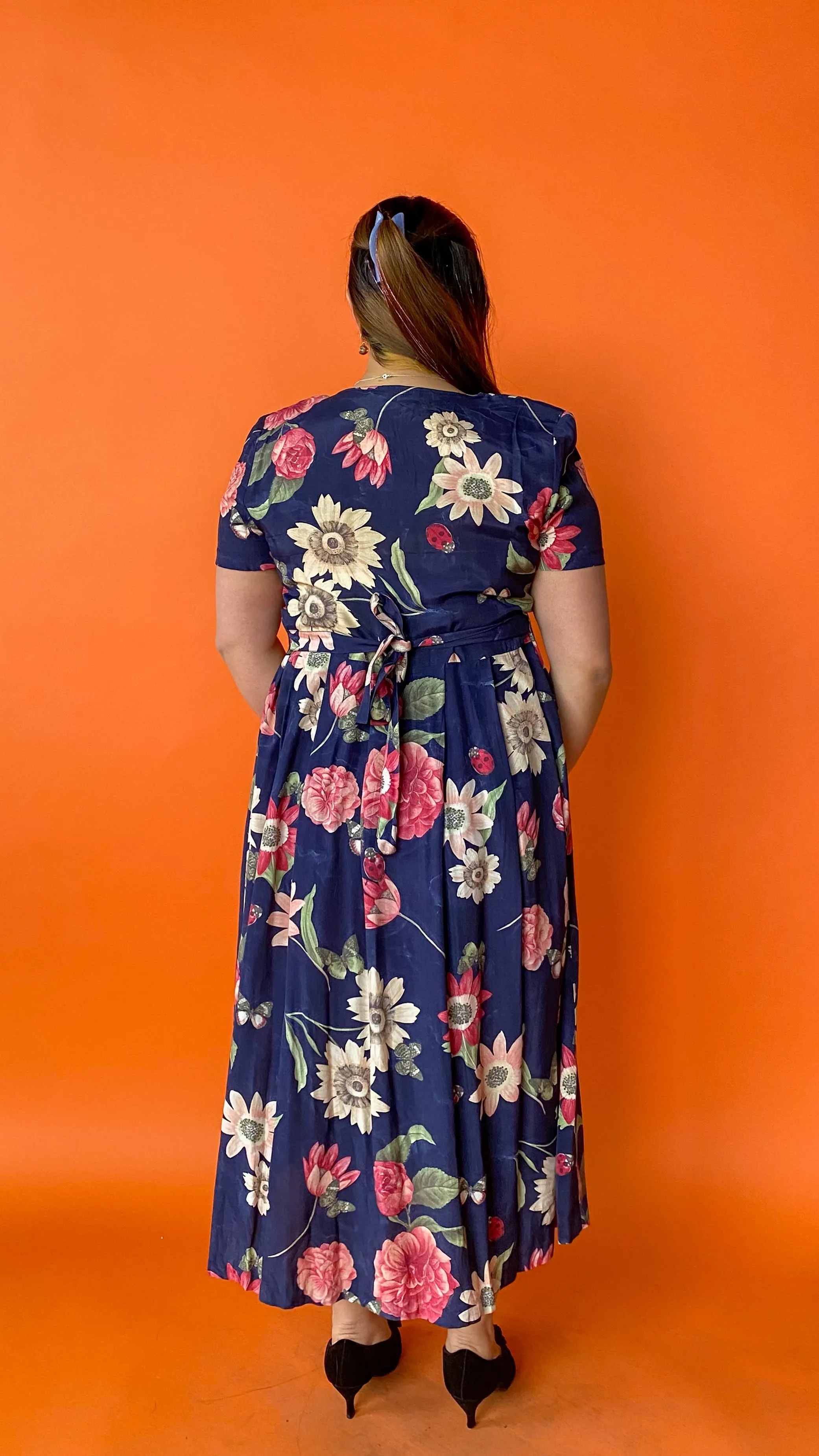 1980s Navy Floral Button-Down Dress, sz. L