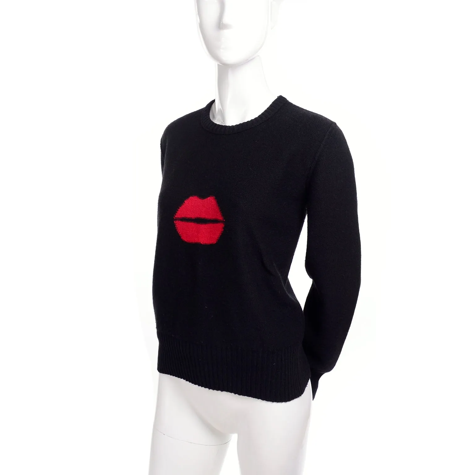 1980s Sonia Rykiel Kiss Vintage Lips Sweater in Black Angora Wool Blend