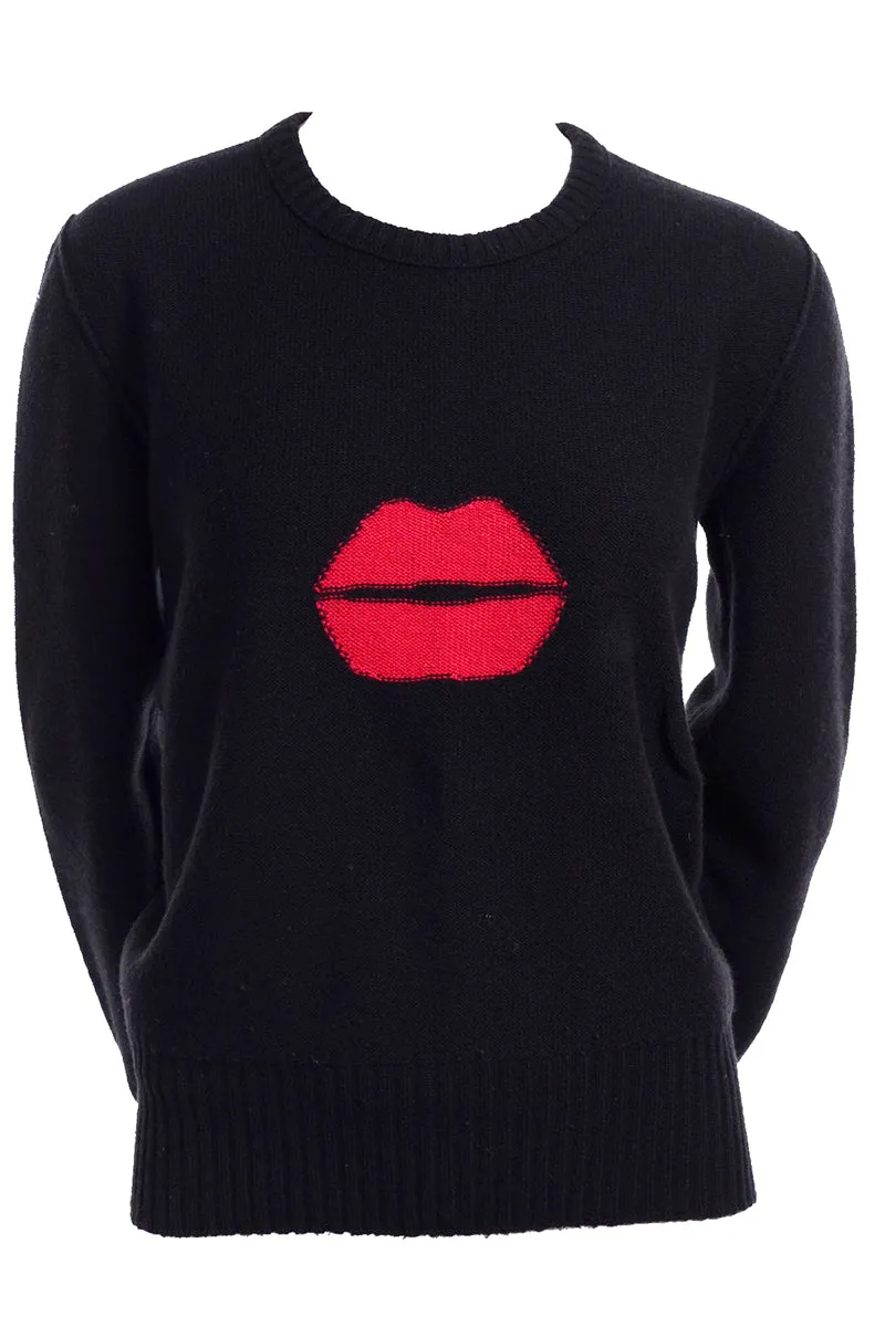 1980s Sonia Rykiel Kiss Vintage Lips Sweater in Black Angora Wool Blend