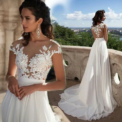 2024 Lovely Off White Lace Appliques Cap Sleeves Long Chiffon Beach Wedding Dresses JS304