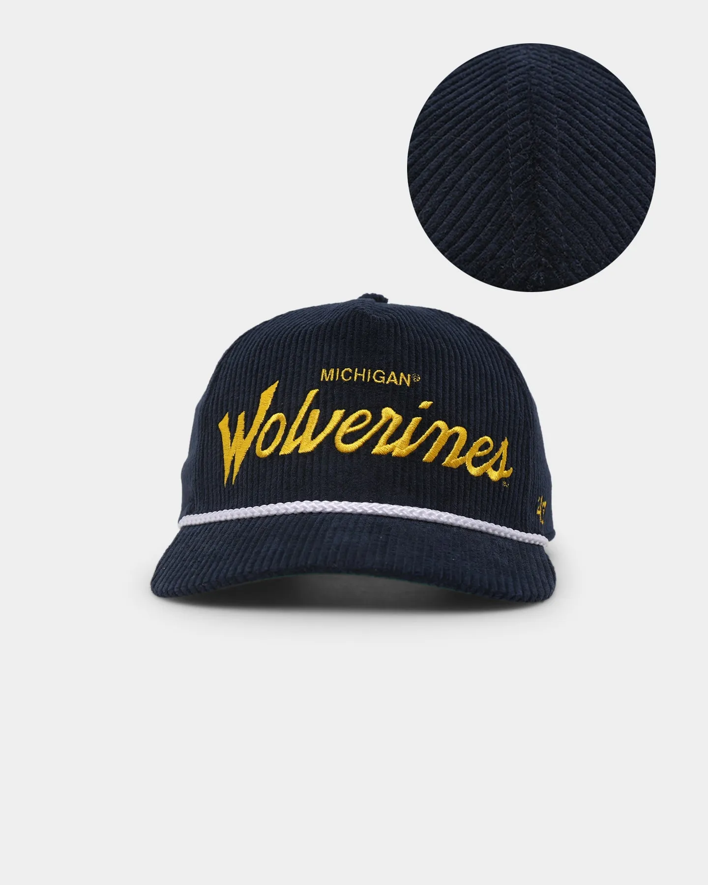 47 Brand NCAA Navy Snapback Hat - Michigan Wolverines Corduroy Crossrope Hitch with Team Script