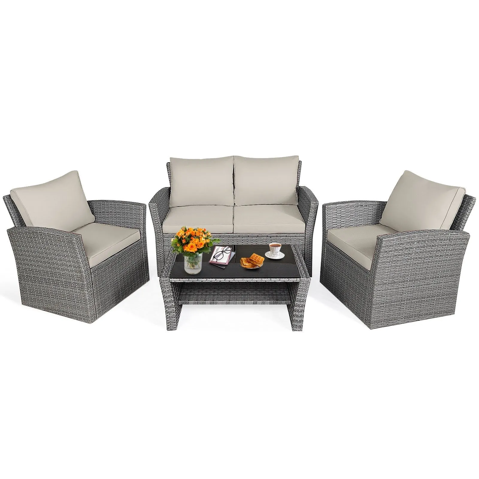 4pc Wicker Rattan Patio Furniture Set with Table - Khaki