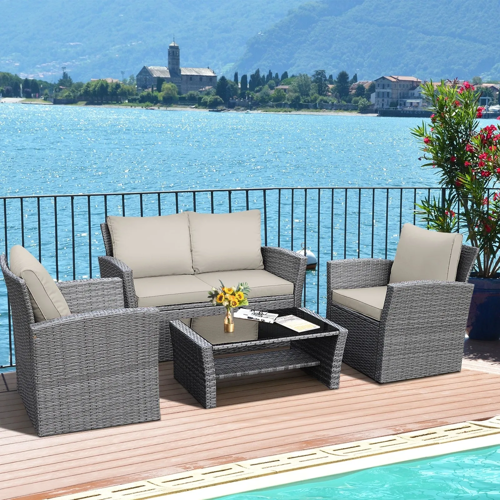 4pc Wicker Rattan Patio Furniture Set with Table - Khaki