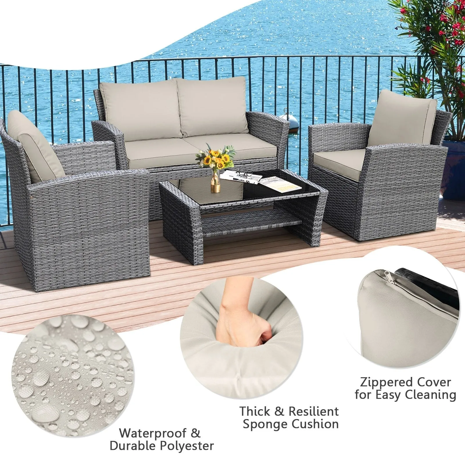 4pc Wicker Rattan Patio Furniture Set with Table - Khaki