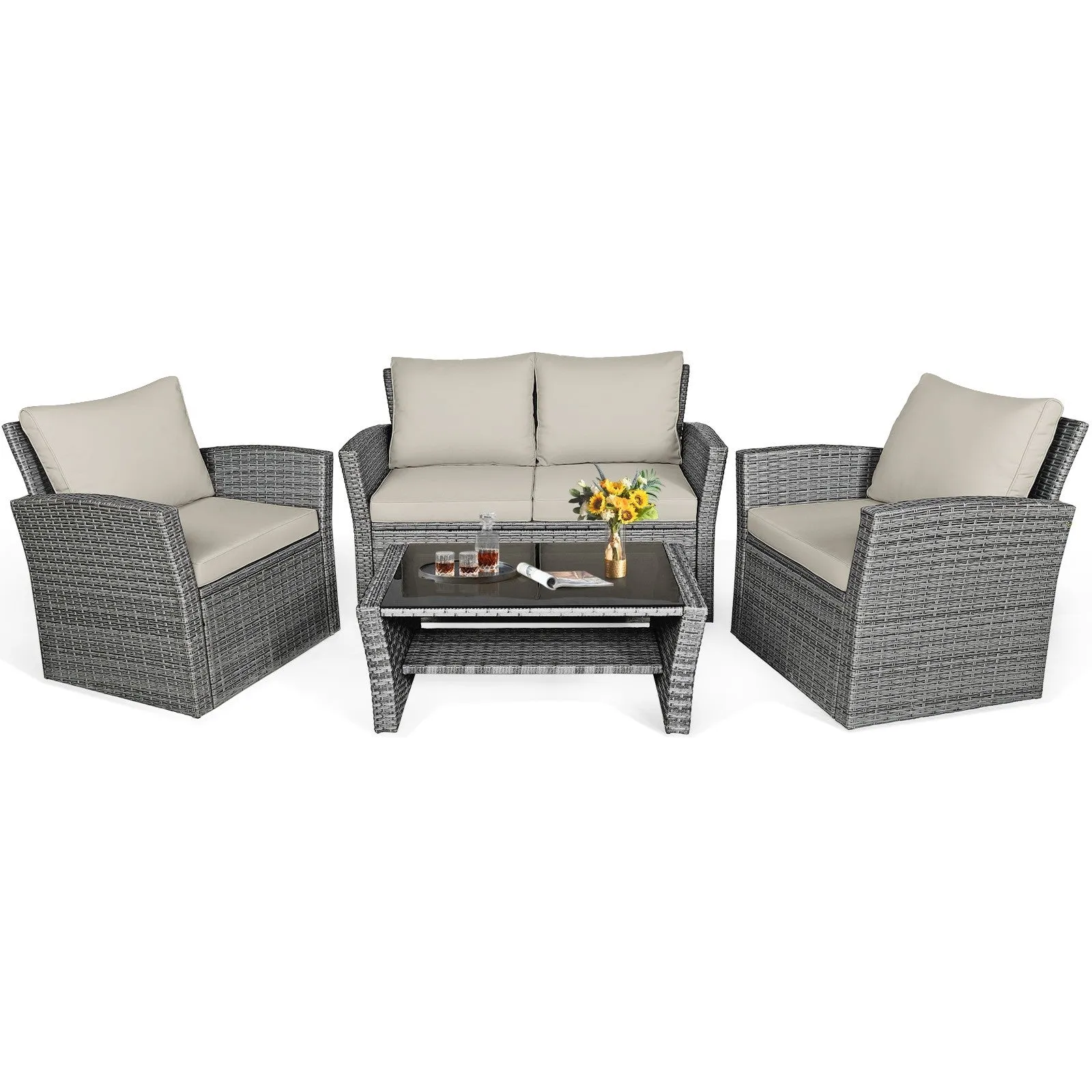 4pc Wicker Rattan Patio Furniture Set with Table - Khaki