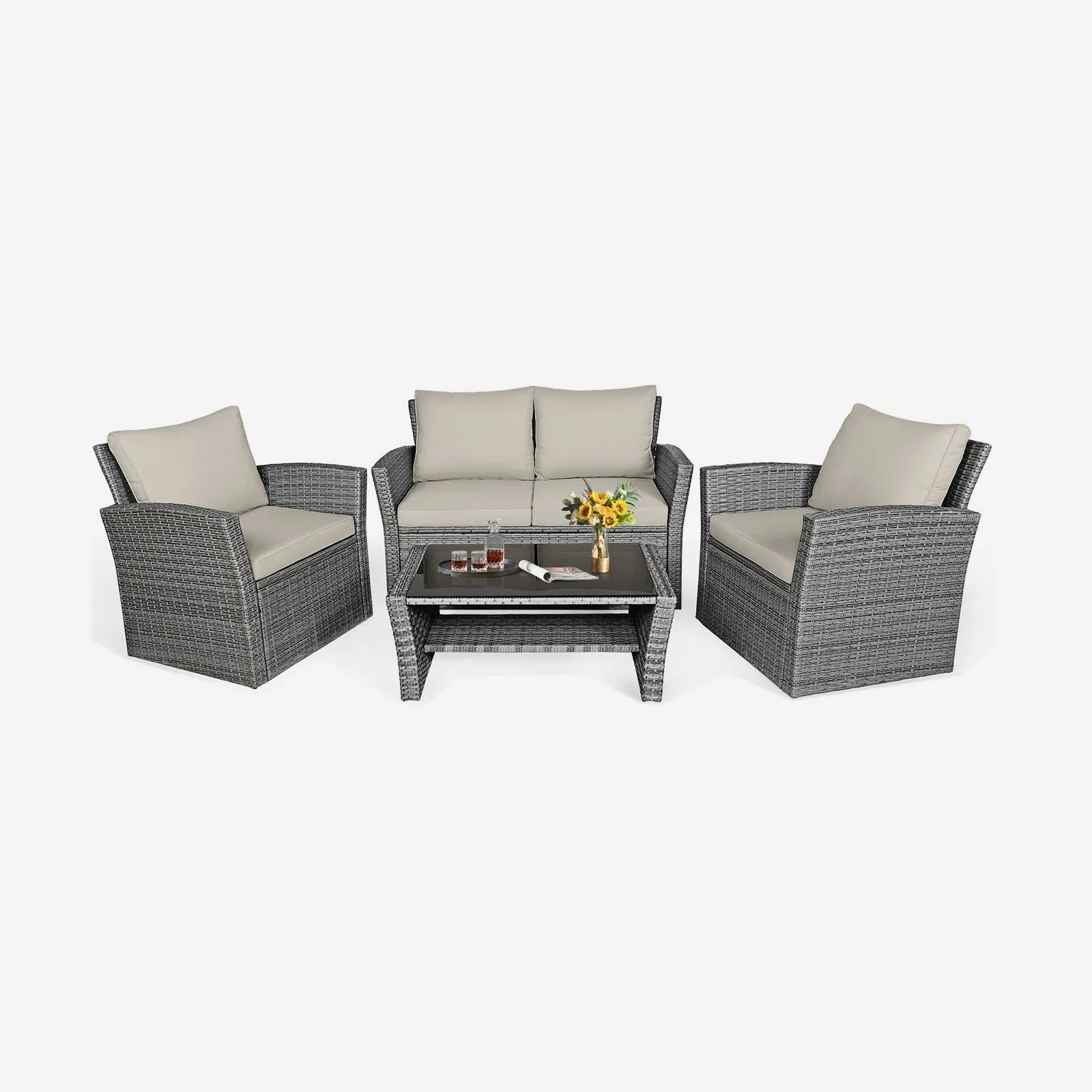 4pc Wicker Rattan Patio Furniture Set with Table - Khaki