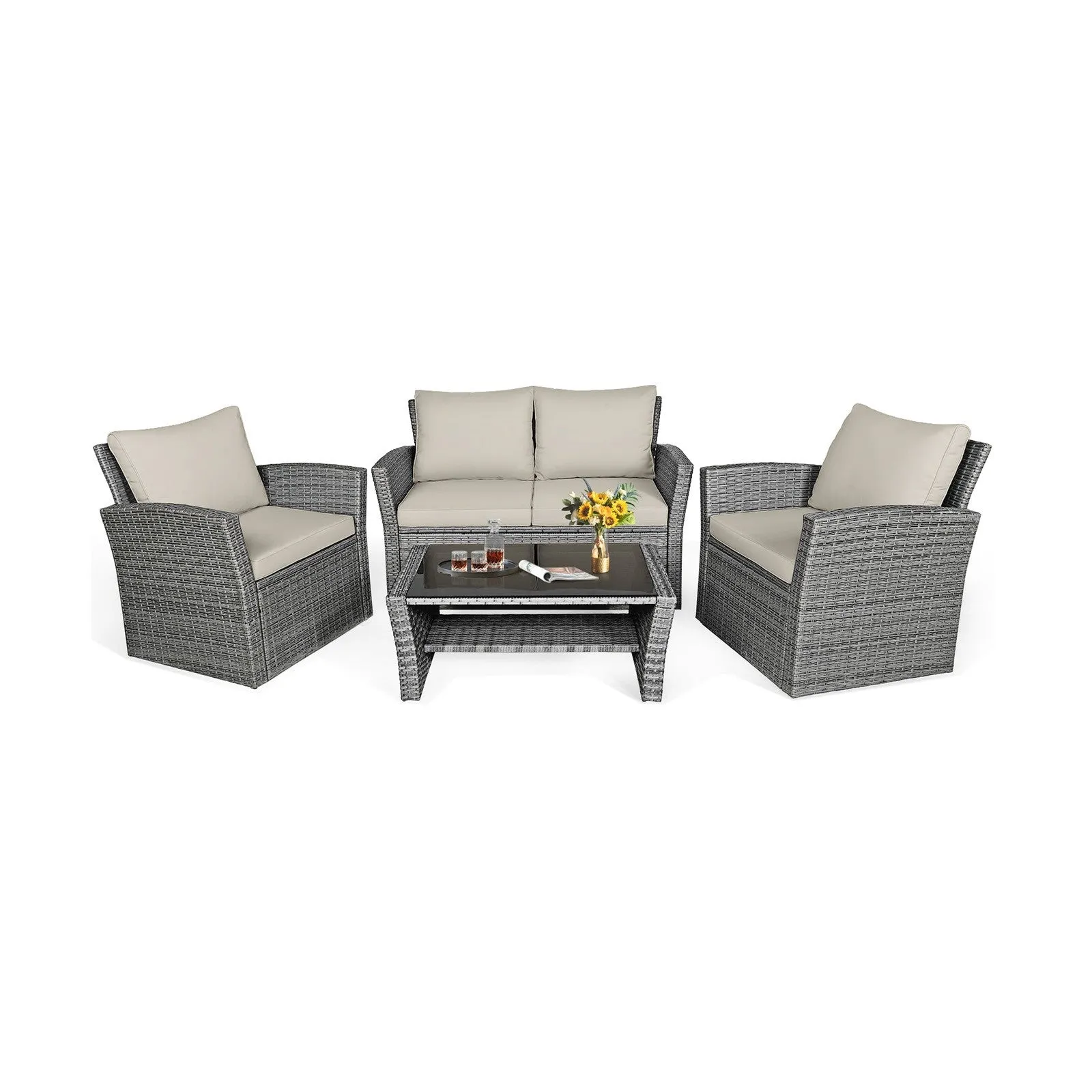 4pc Wicker Rattan Patio Furniture Set with Table - Khaki