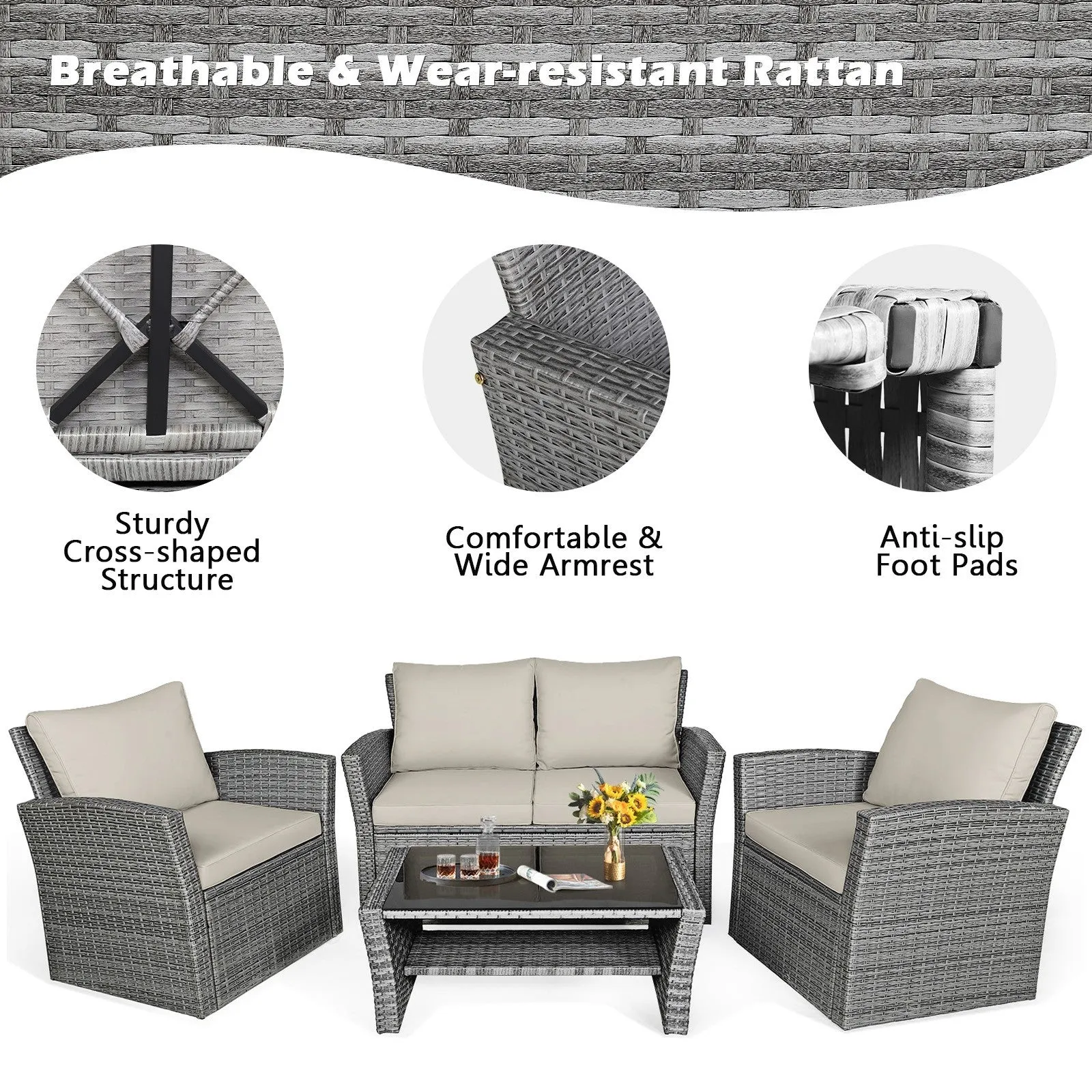 4pc Wicker Rattan Patio Furniture Set with Table - Khaki