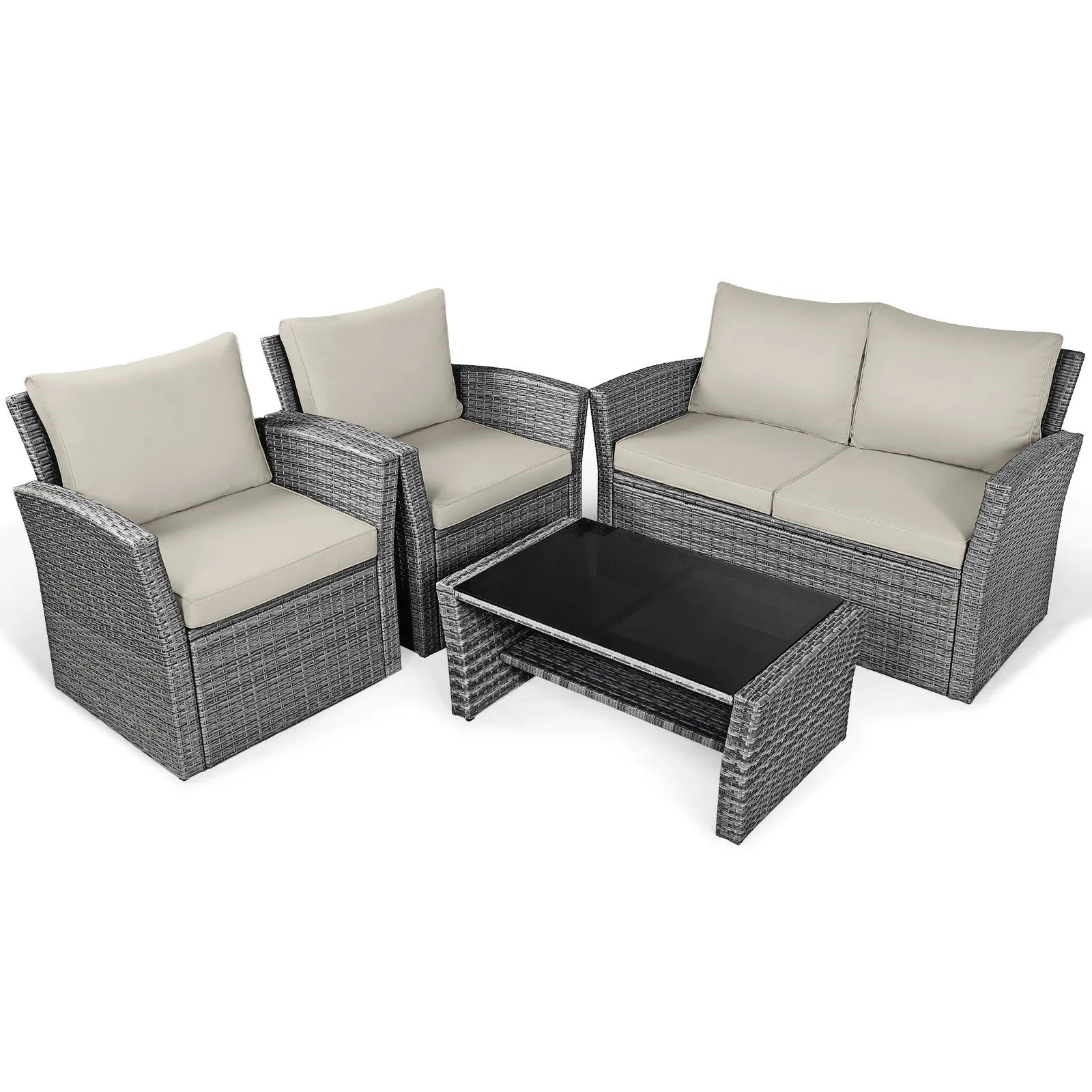 4pc Wicker Rattan Patio Furniture Set with Table - Khaki