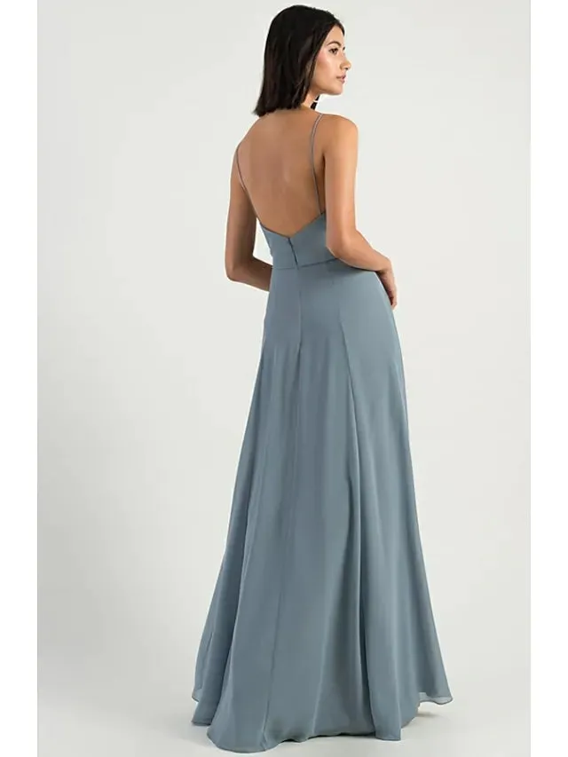 A-Line Bridesmaid Dress Spaghetti Strap Sleeveless Open Back Floor Length Chiffon with Split Front