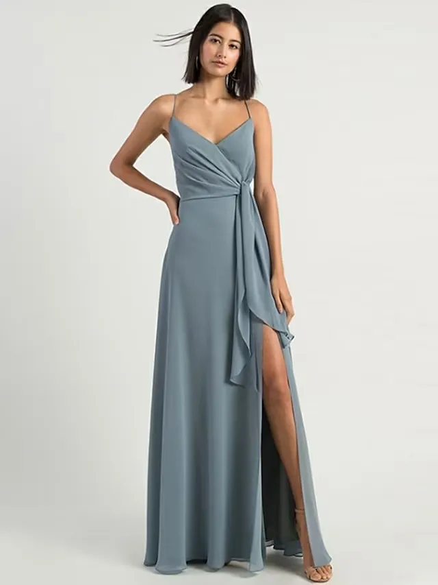 A-Line Bridesmaid Dress Spaghetti Strap Sleeveless Open Back Floor Length Chiffon with Split Front