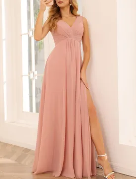 A-Line Bridesmaid Dress V Neck Sleeveless Pink Floor Length Chiffon with Split Front / Ruching