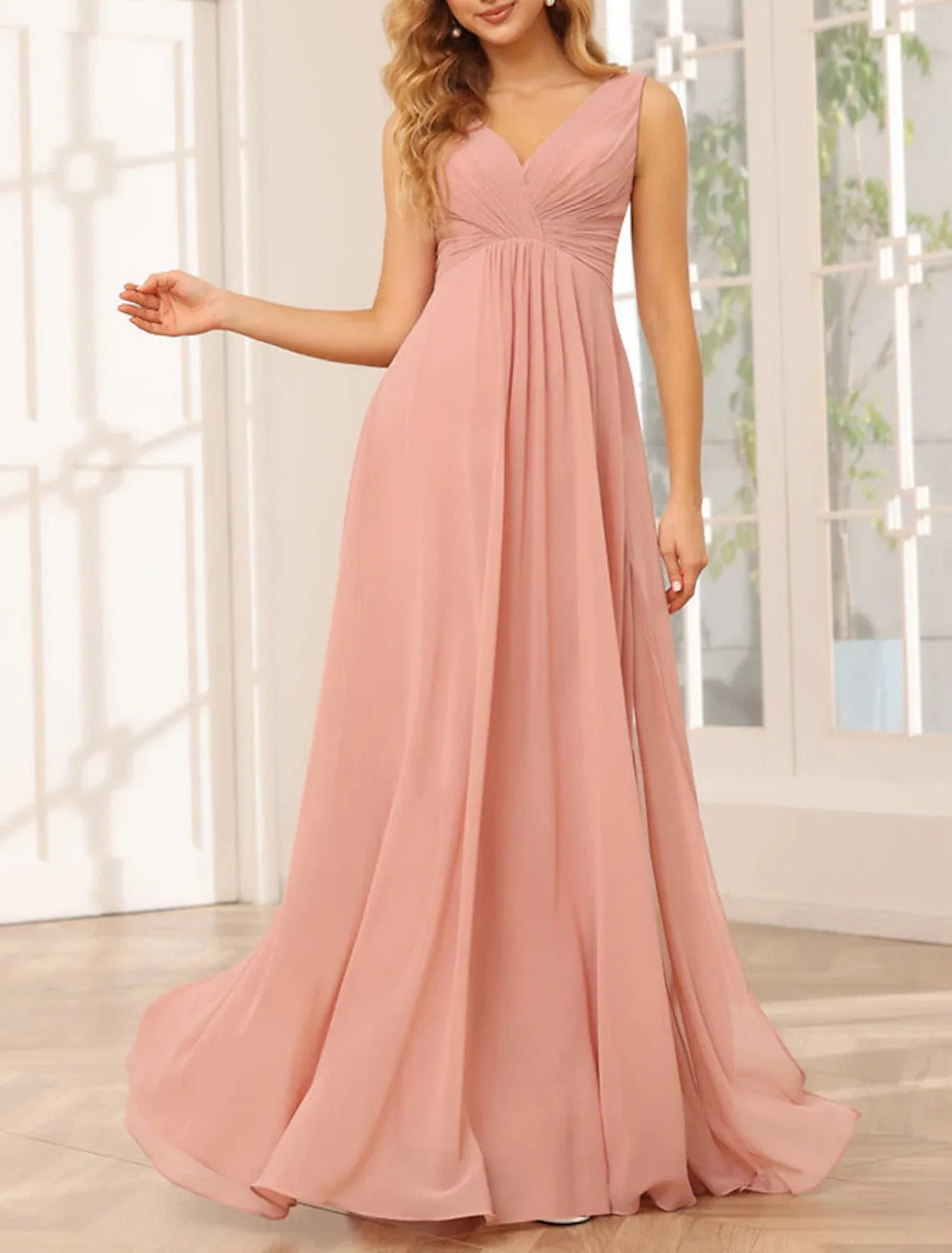 A-Line Bridesmaid Dress V Neck Sleeveless Pink Floor Length Chiffon with Split Front / Ruching