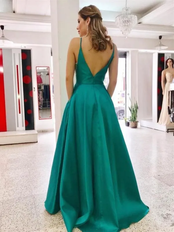 A Line V Neck Backless Green Long Prom with Pocket, Backless Green Formal Graduation Evening