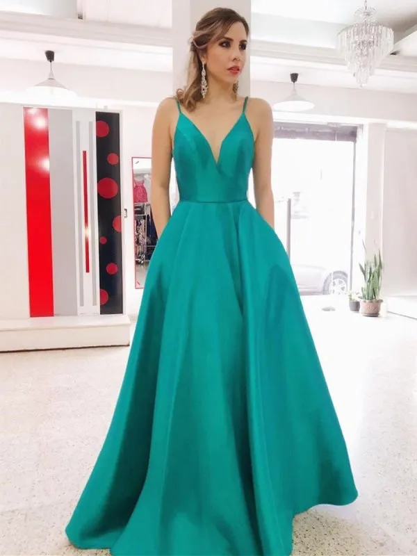 A Line V Neck Backless Green Long Prom with Pocket, Backless Green Formal Graduation Evening