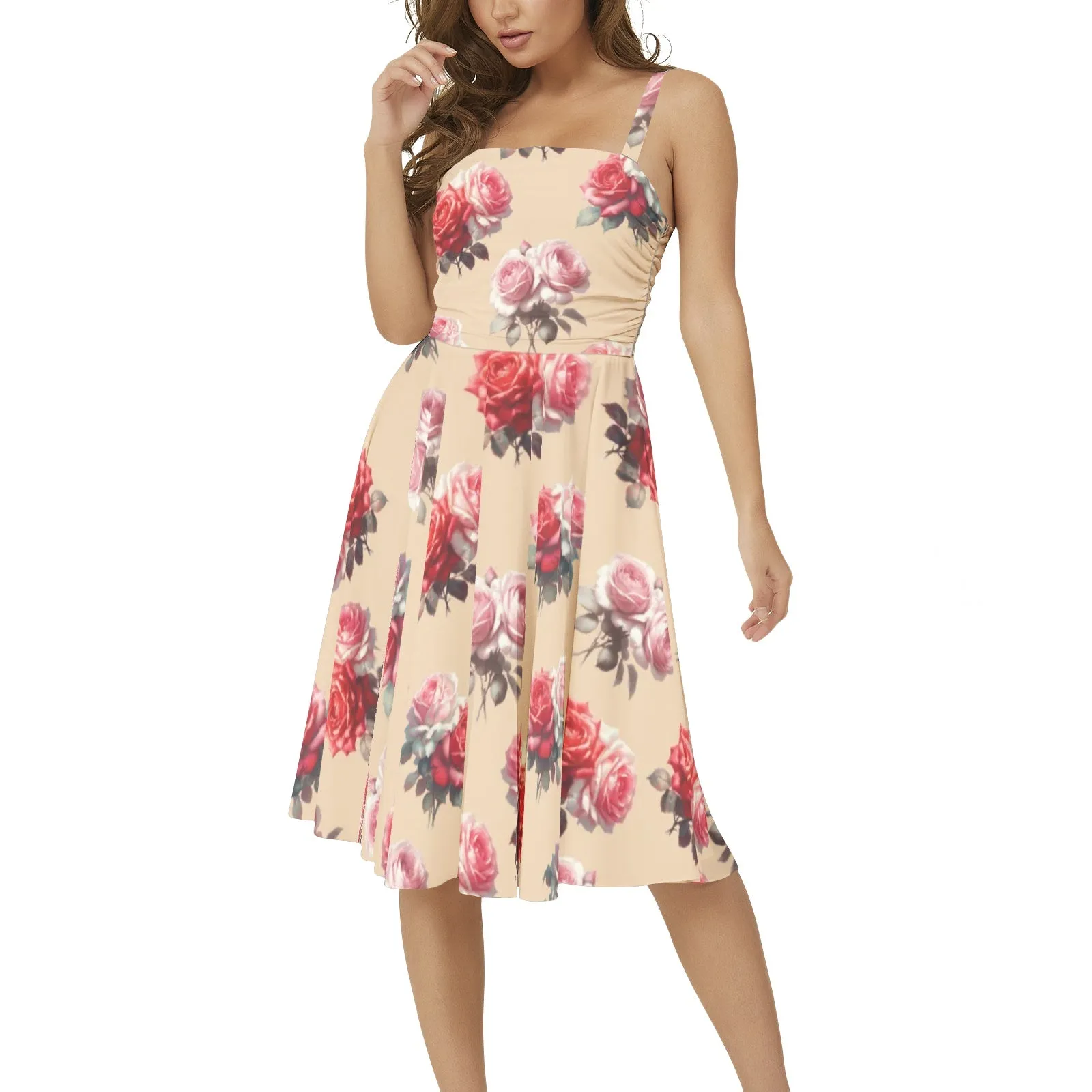 All Roses Sleeveless Square Neck Flare Hem Midi Dress