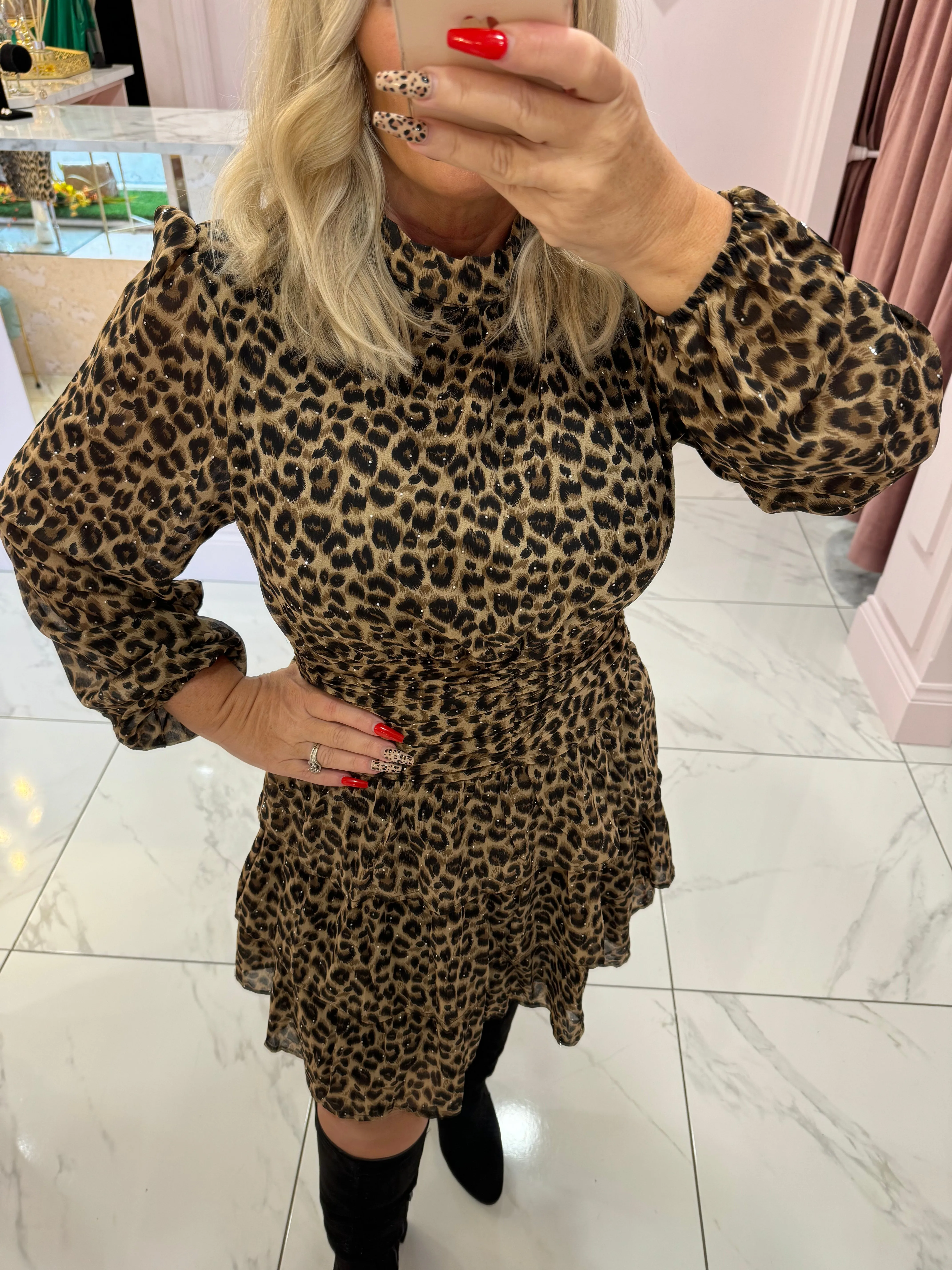 Ariana Ruffle Detail Leopard Print Rara Dress