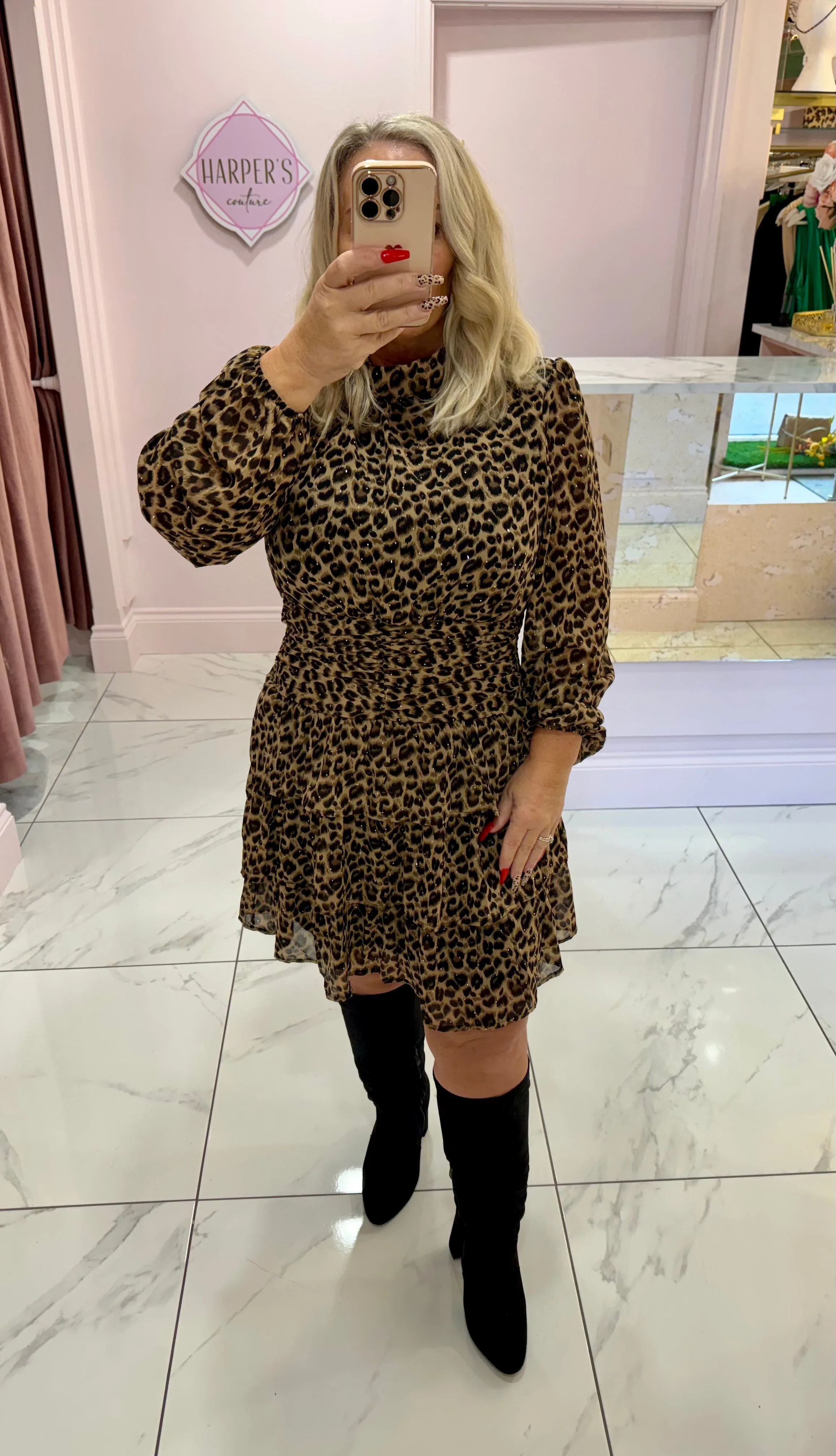 Ariana Ruffle Detail Leopard Print Rara Dress