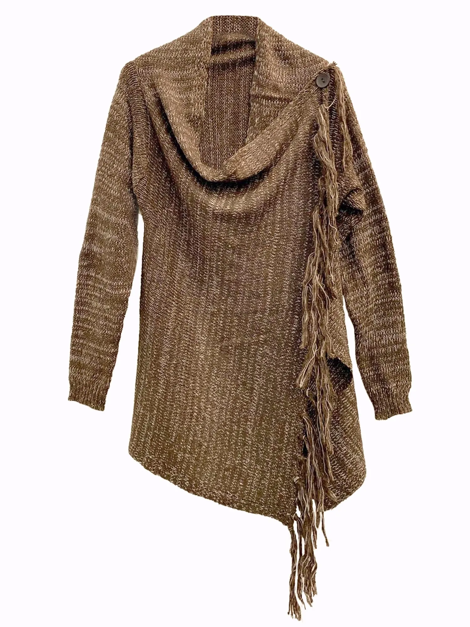 Asymmetrical Draped Knit Sweater With Fringe