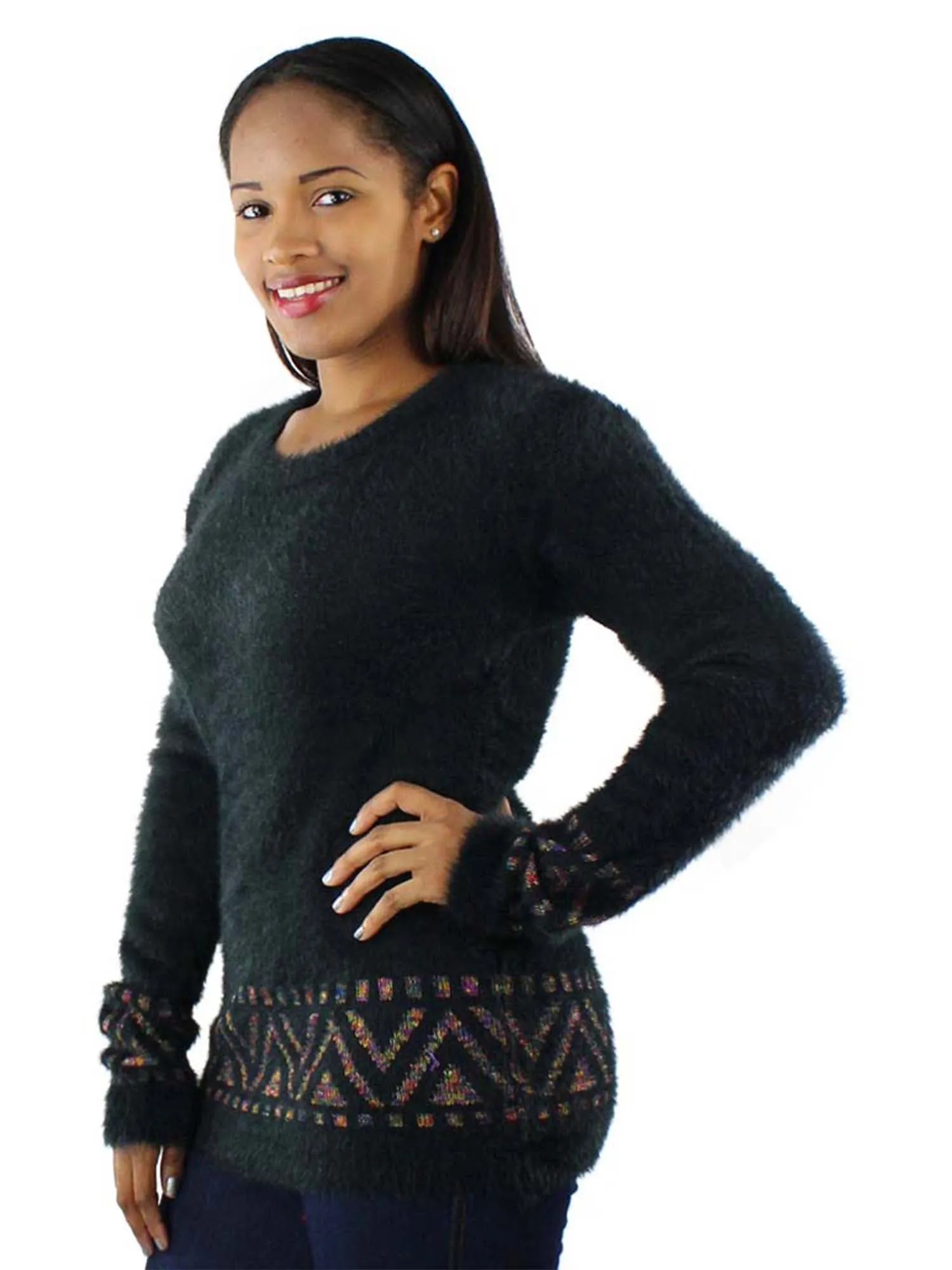 Aztec Print Pullover Fuzzy Sweater