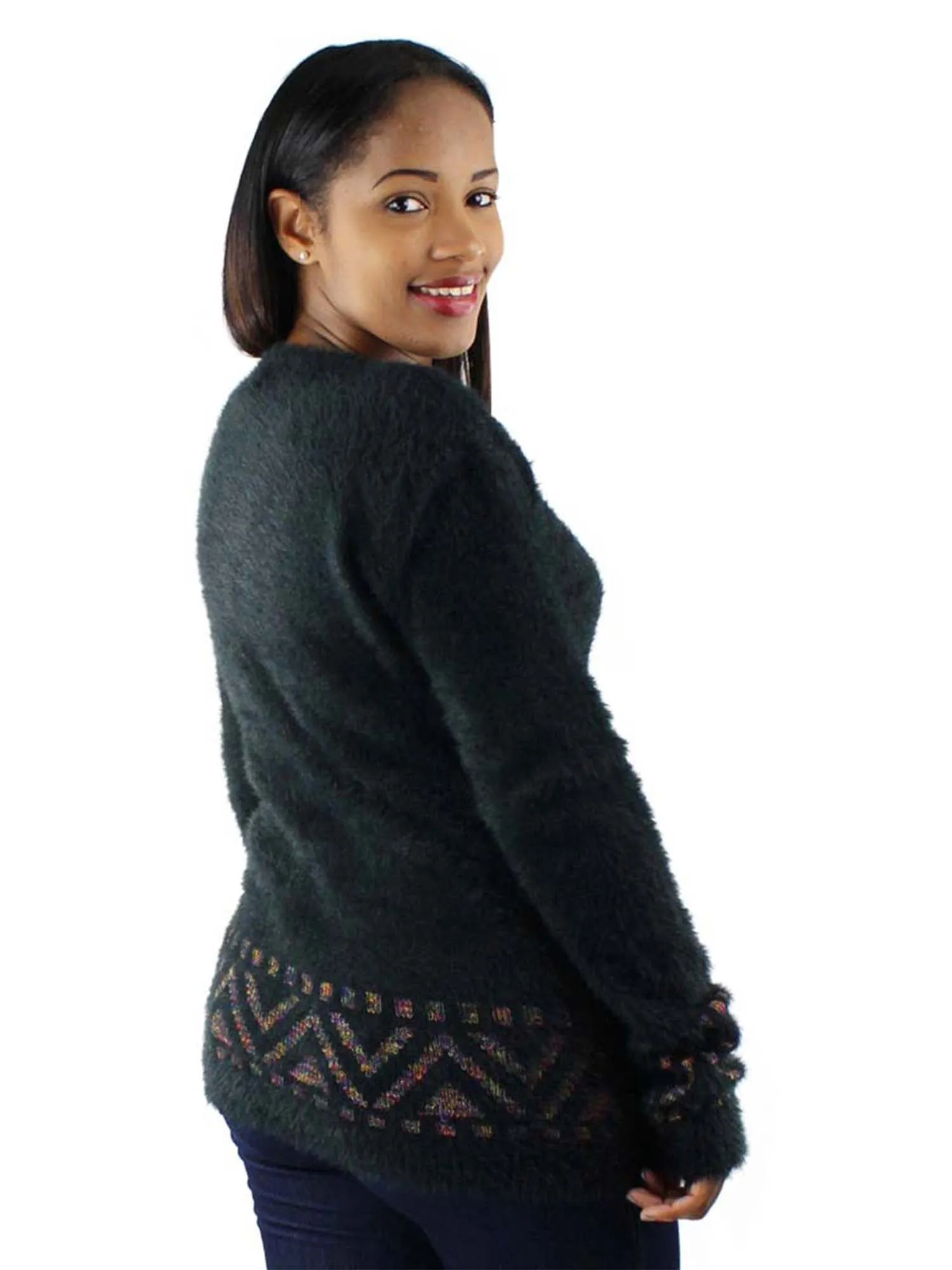 Aztec Print Pullover Fuzzy Sweater