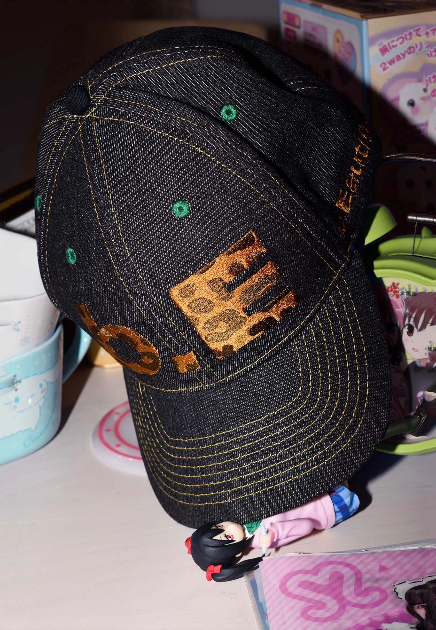 b.E Hat - Black Denim/Leopard