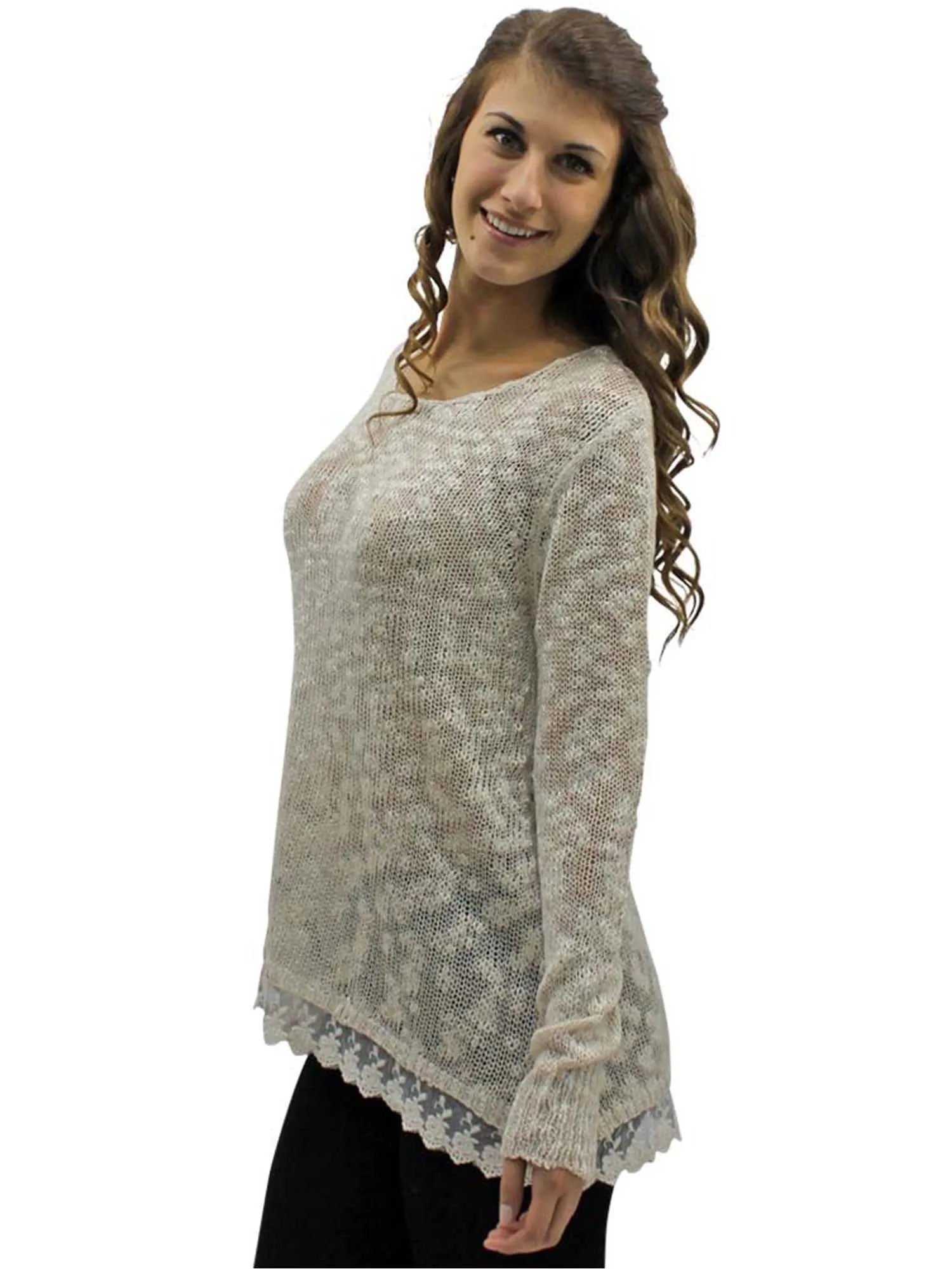 Beige & Ivory Lace Trim Knit Sweater