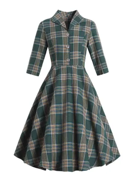 BerriesJam - 2024 Tonval Turn-down Collar Button Up Green Plaid Dress