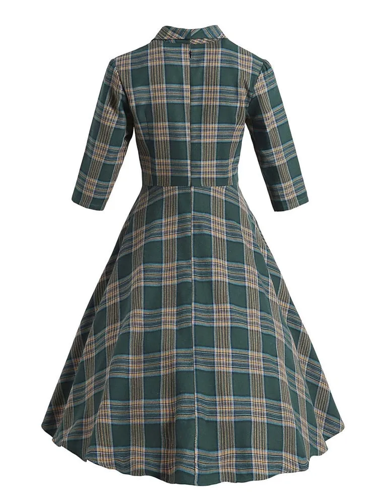 BerriesJam - 2024 Tonval Turn-down Collar Button Up Green Plaid Dress