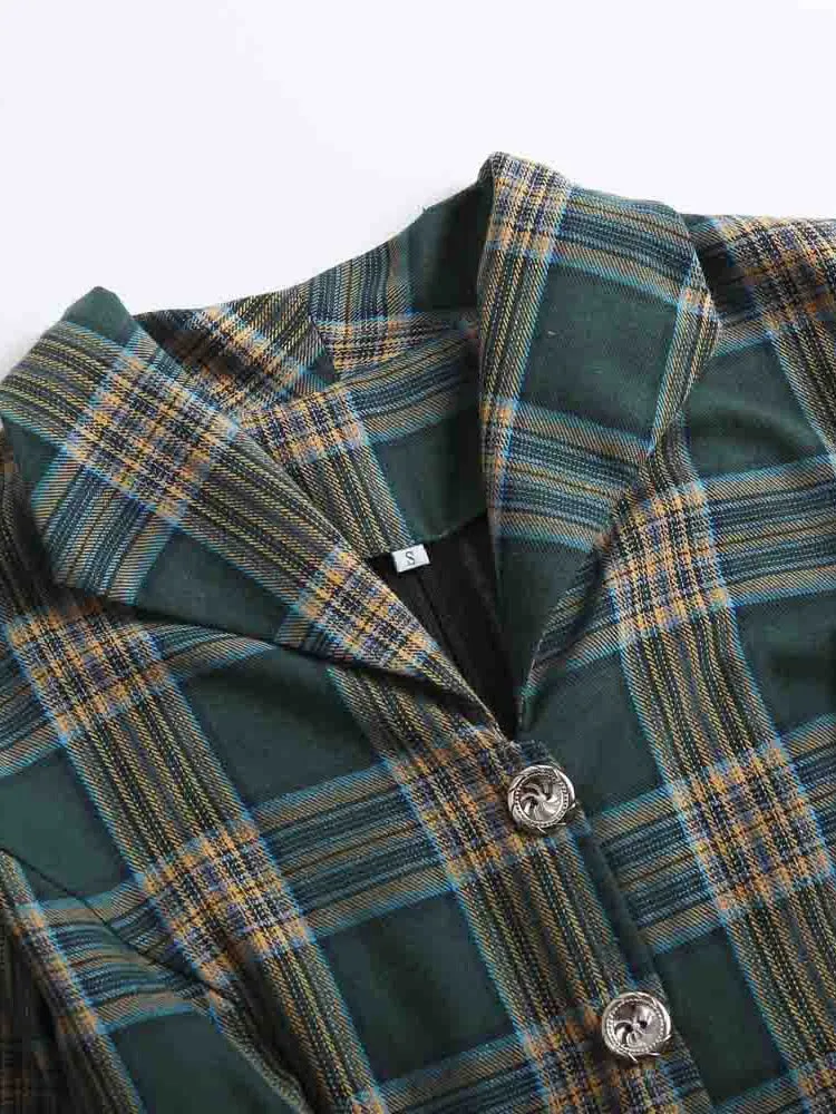 BerriesJam - 2024 Tonval Turn-down Collar Button Up Green Plaid Dress