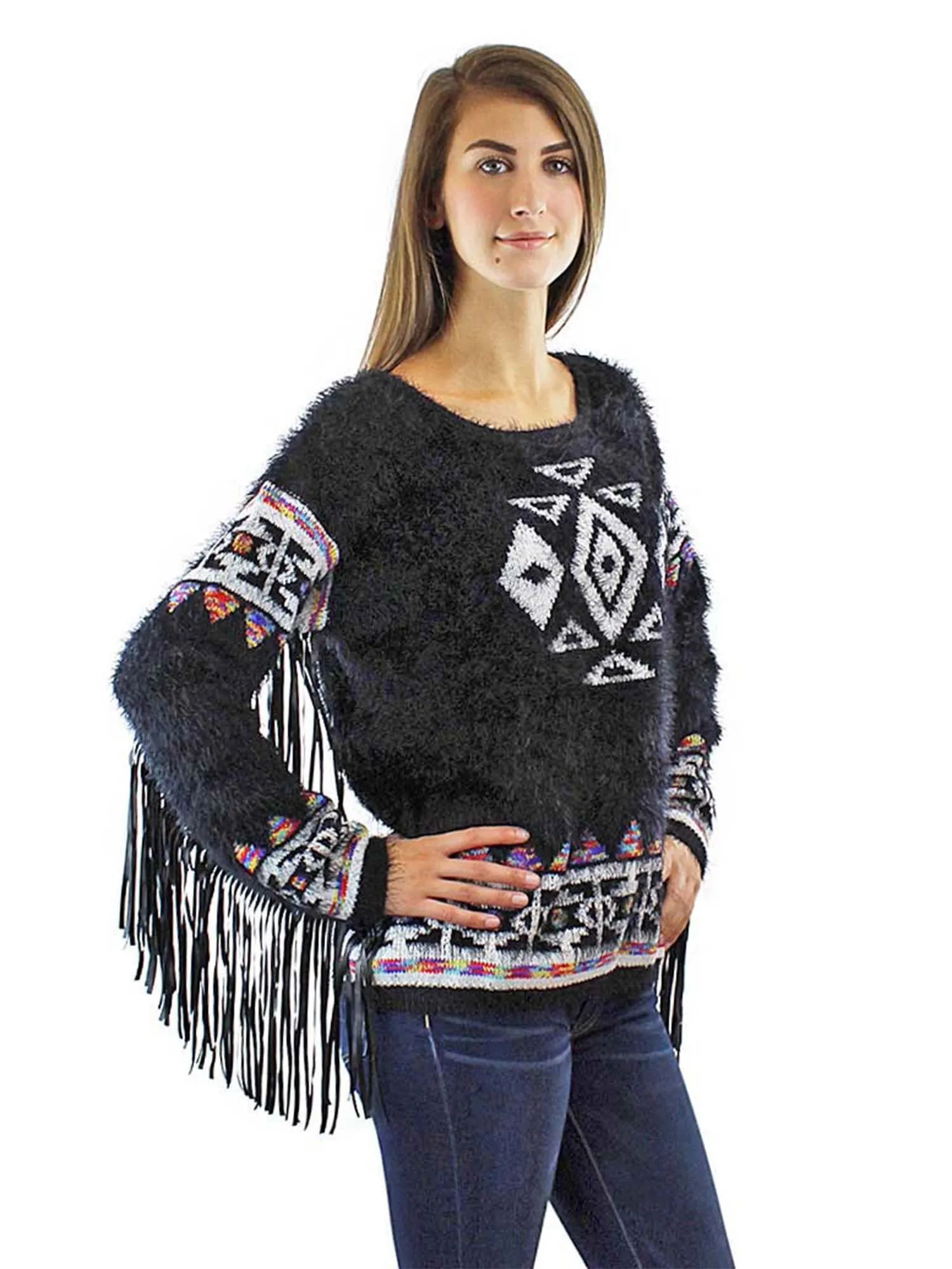 Black & White Fuzzy Knit Sweater With Fringed Sleeves Size Small