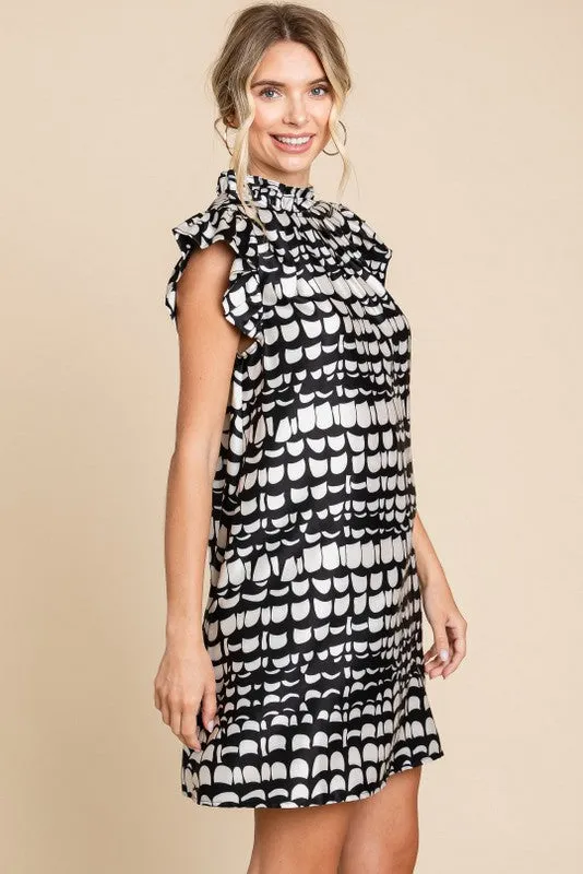 BLACK AND WHITE SATIN PRINT DRESS WITH POCKETS