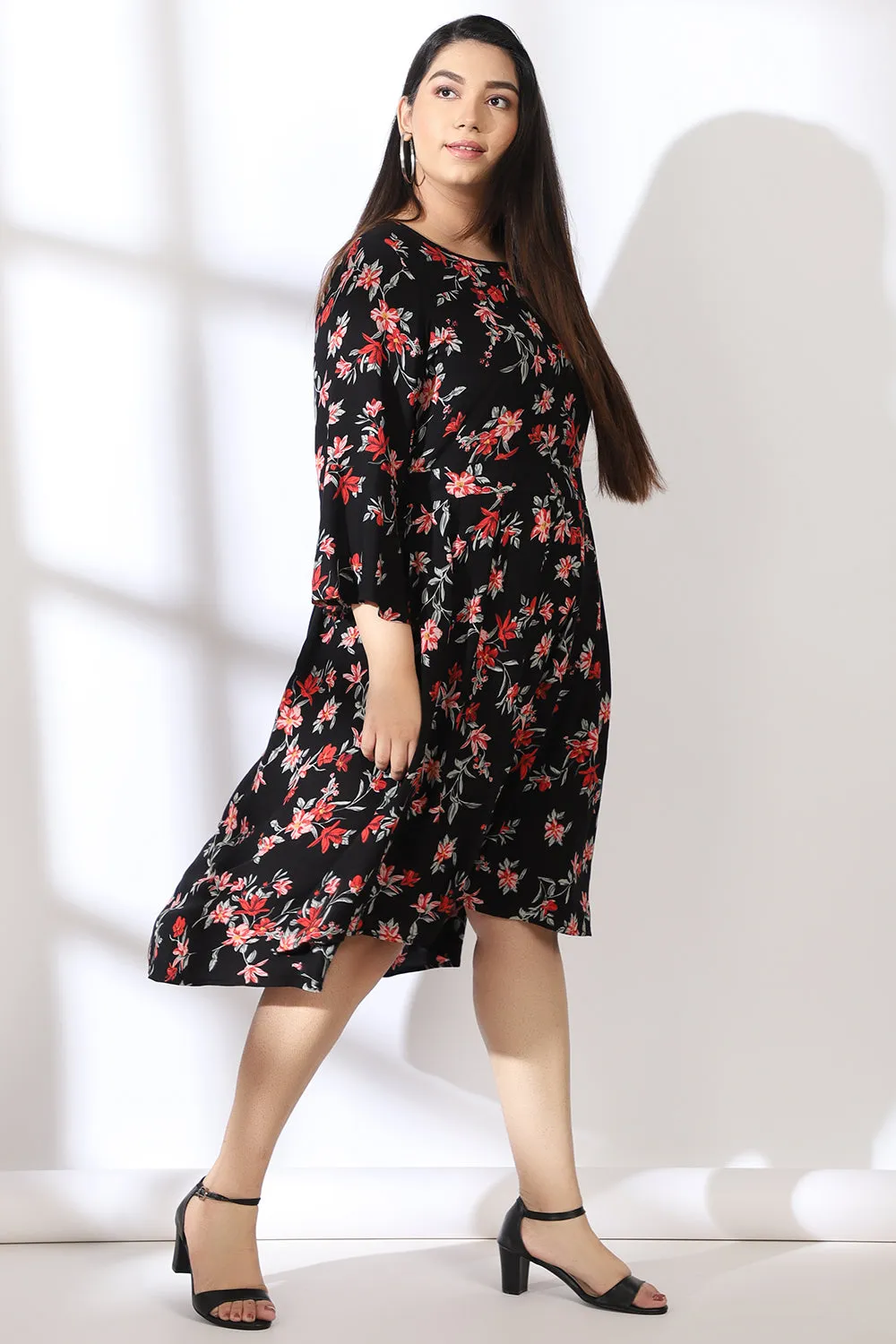 Black Floral Box Pleat Dress