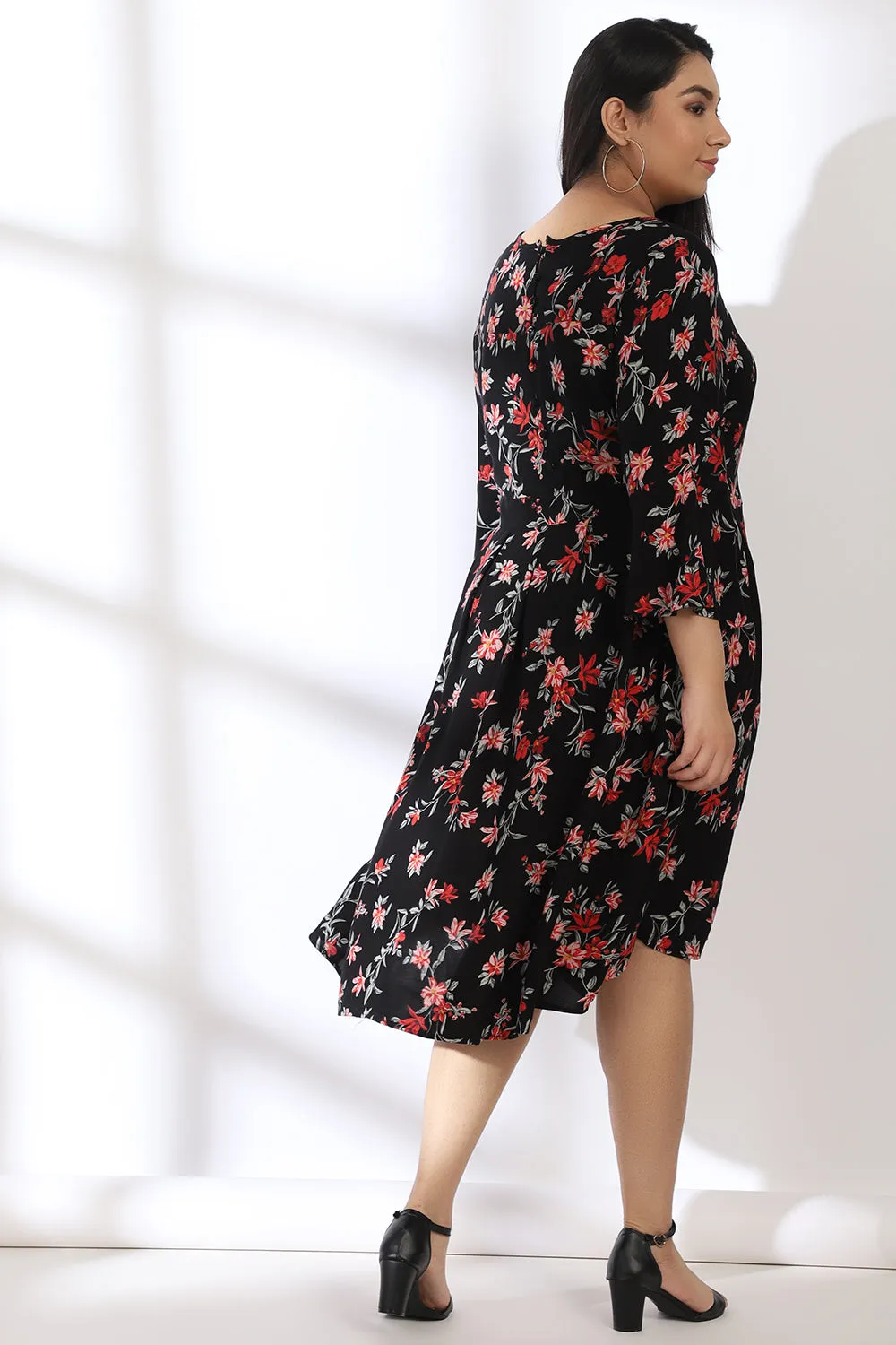 Black Floral Box Pleat Dress