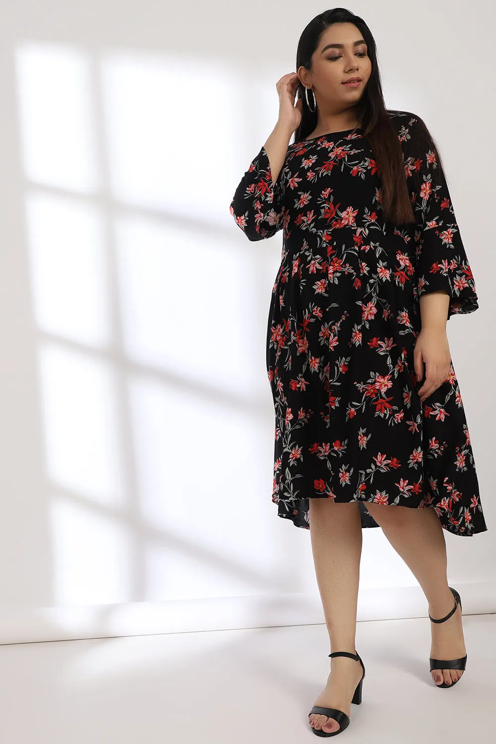 Black Floral Box Pleat Dress