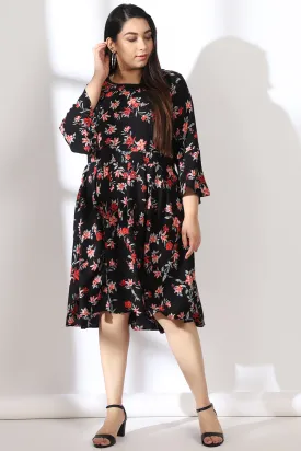 Black Floral Box Pleat Dress