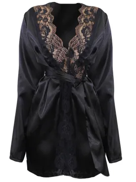 Black Long Sleeve Satin Robe With Lace Trim