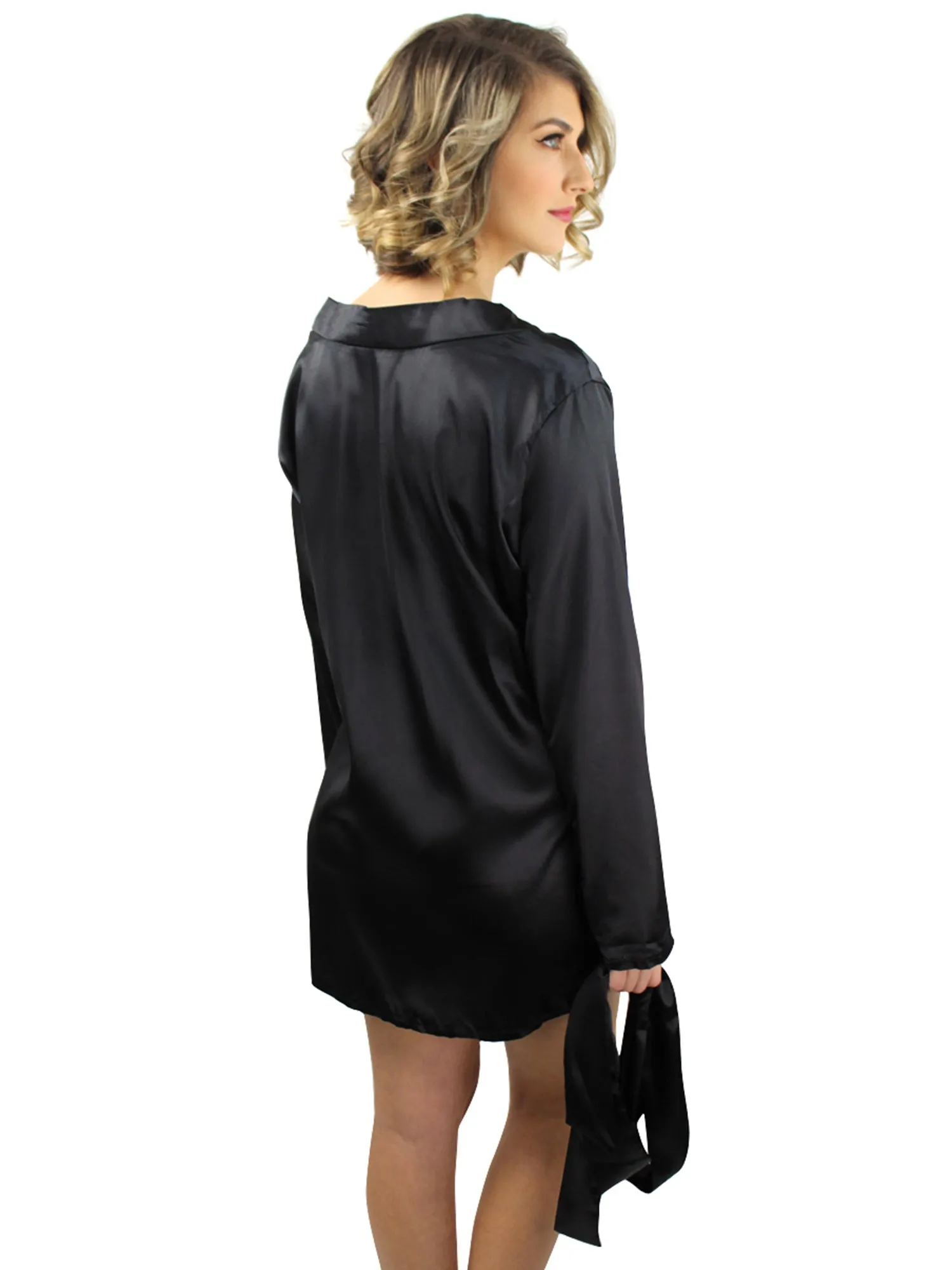 Black Long Sleeve Satin Robe With Lace Trim