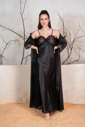 Black Satin Nightgown set