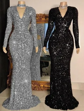 Black Sheath V-Neck Long Sleeves Long Sweep Train Velvet Sequin Prom Dress (AF1095)