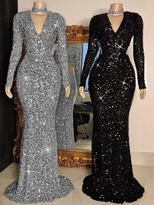 Black Sheath V-Neck Long Sleeves Long Sweep Train Velvet Sequin Prom Dress (AF1095)