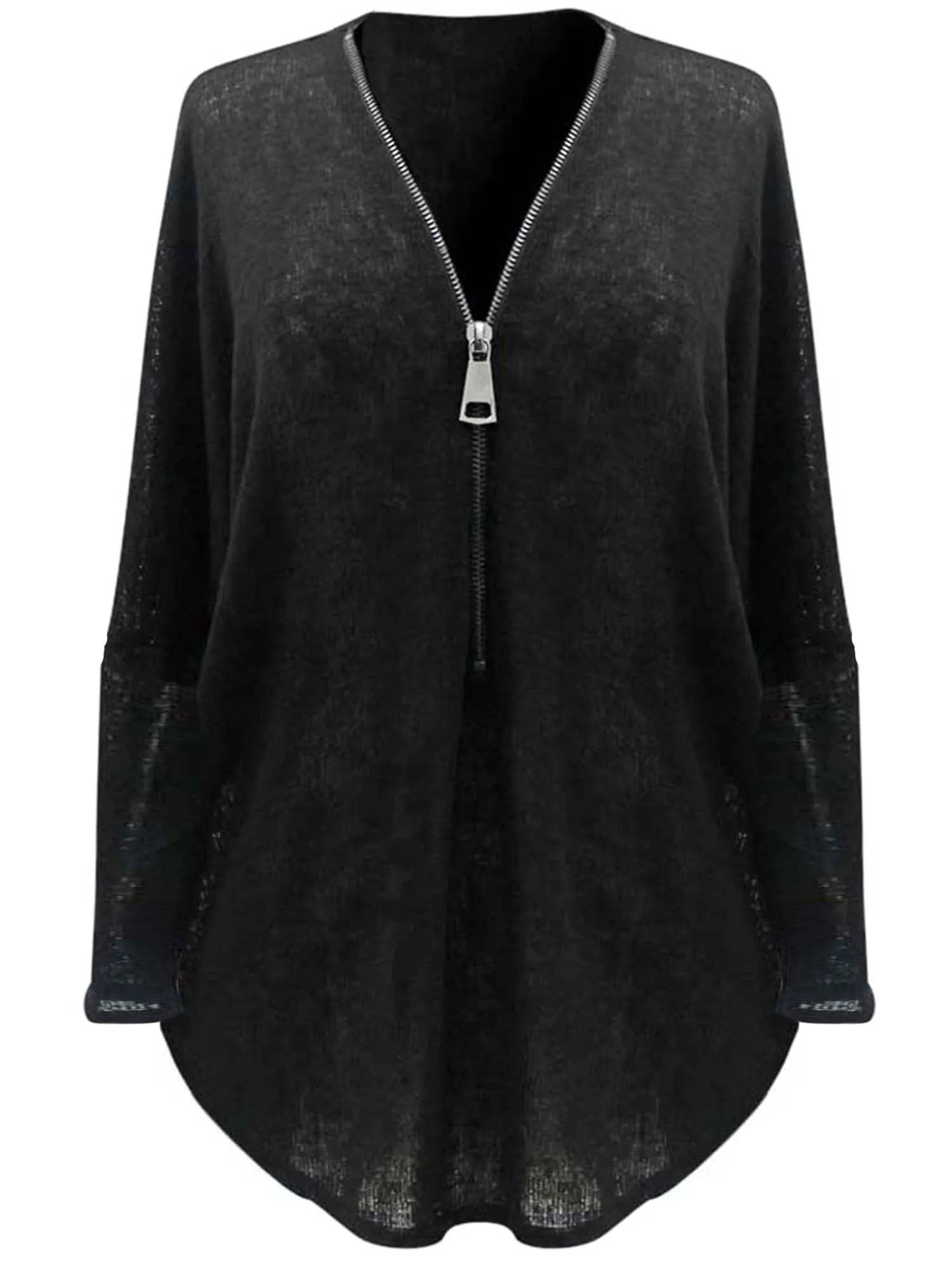 Black Sheer Zip-Up Long Sleeve Sweater Blouse