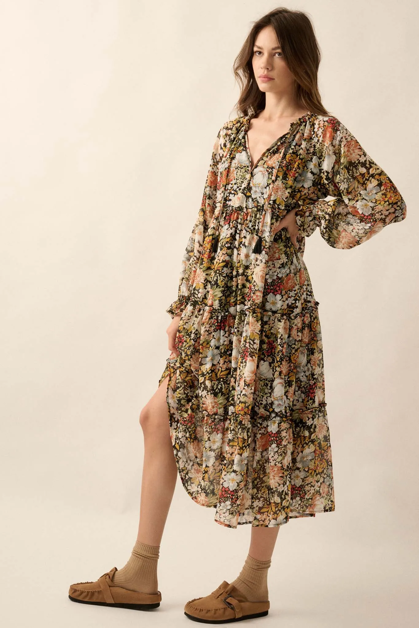 Blooming Harvest Tiered Floral Midi Prairie Dress