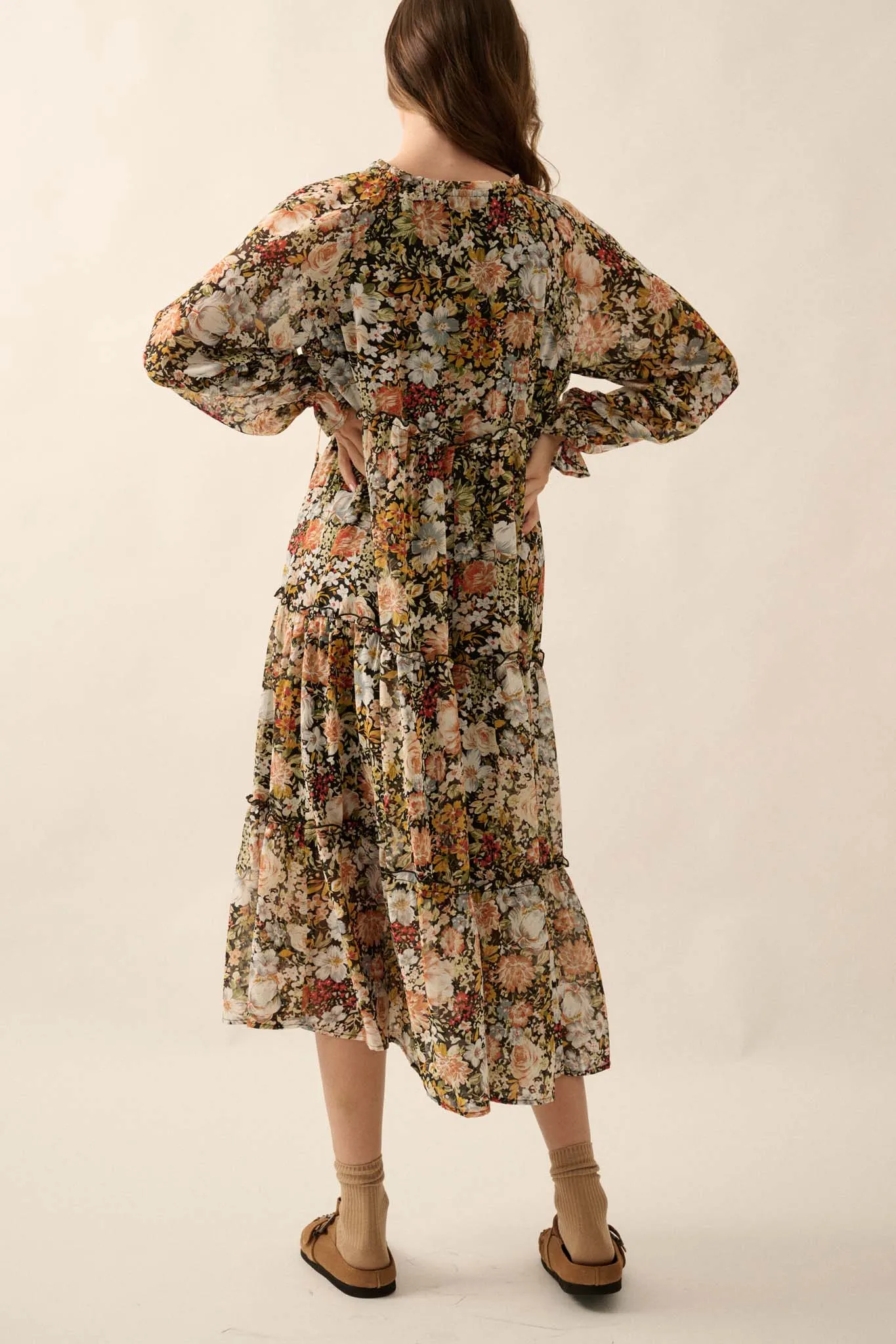 Blooming Harvest Tiered Floral Midi Prairie Dress