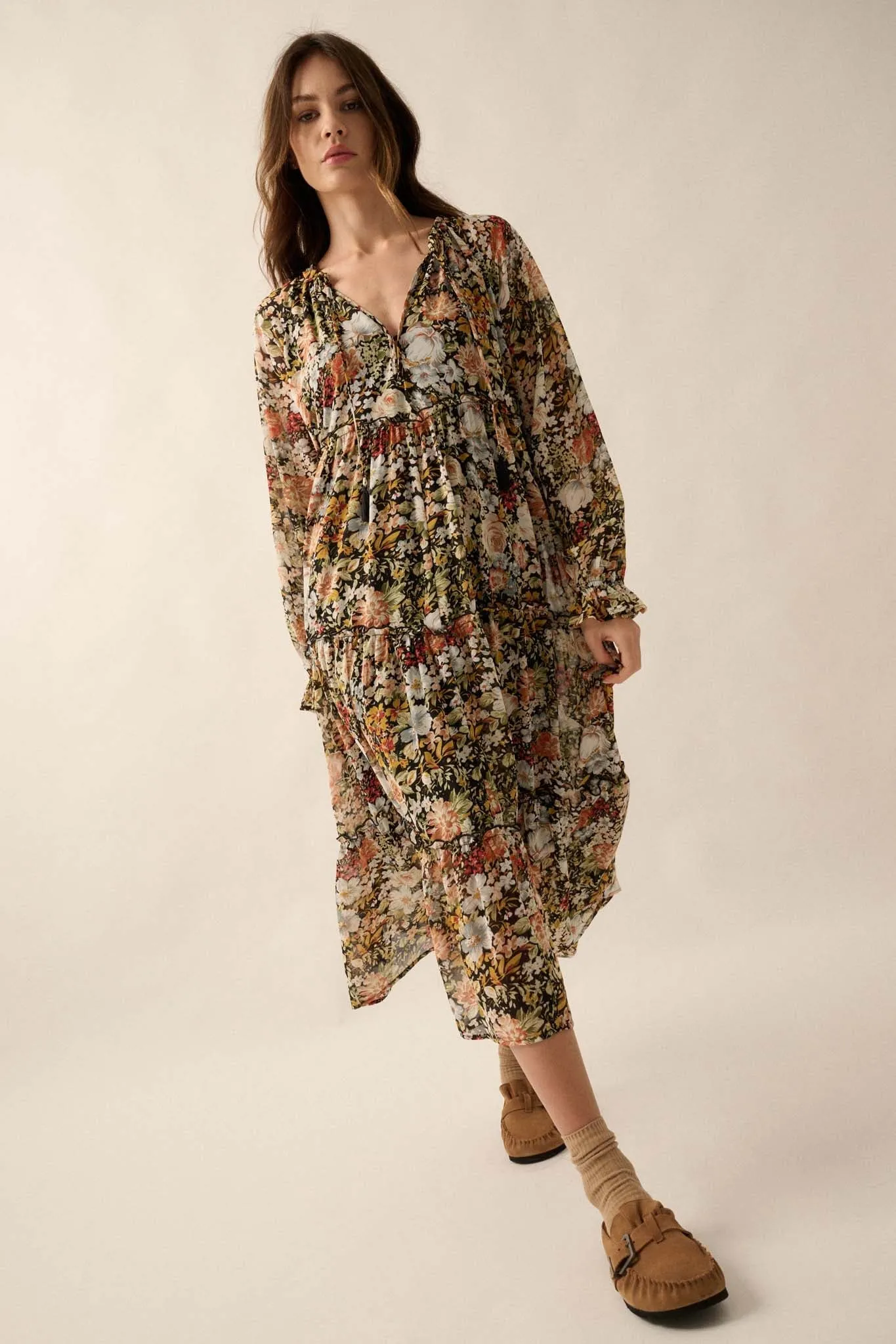 Blooming Harvest Tiered Floral Midi Prairie Dress