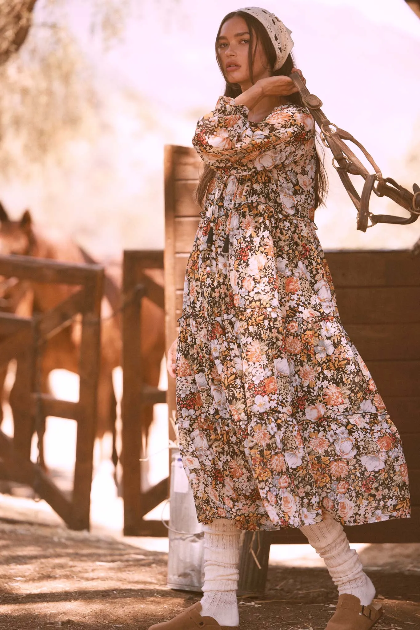 Blooming Harvest Tiered Floral Midi Prairie Dress