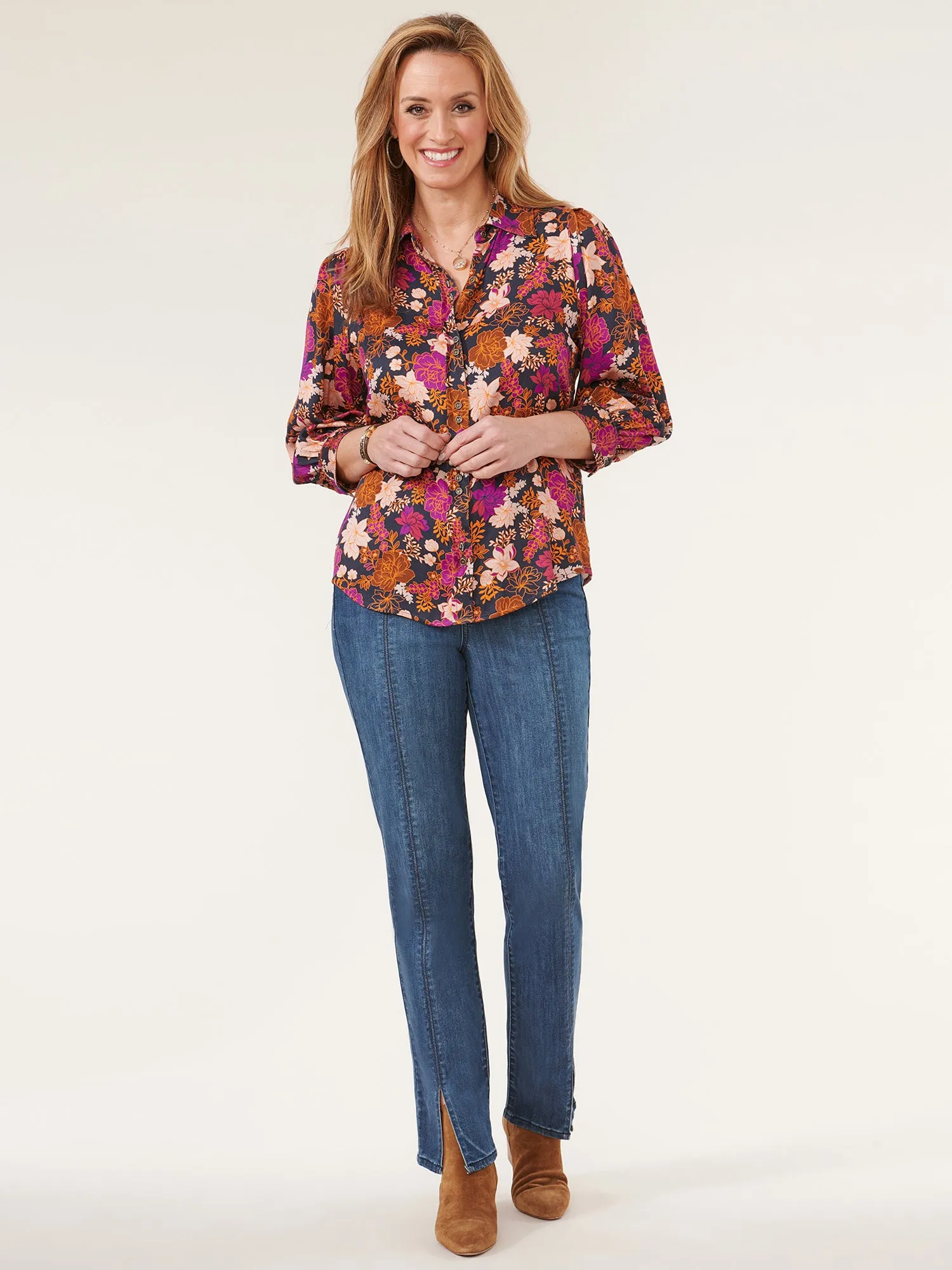 Blouson Sleeve Button Down Pleated Floral Petite Woven Shirt