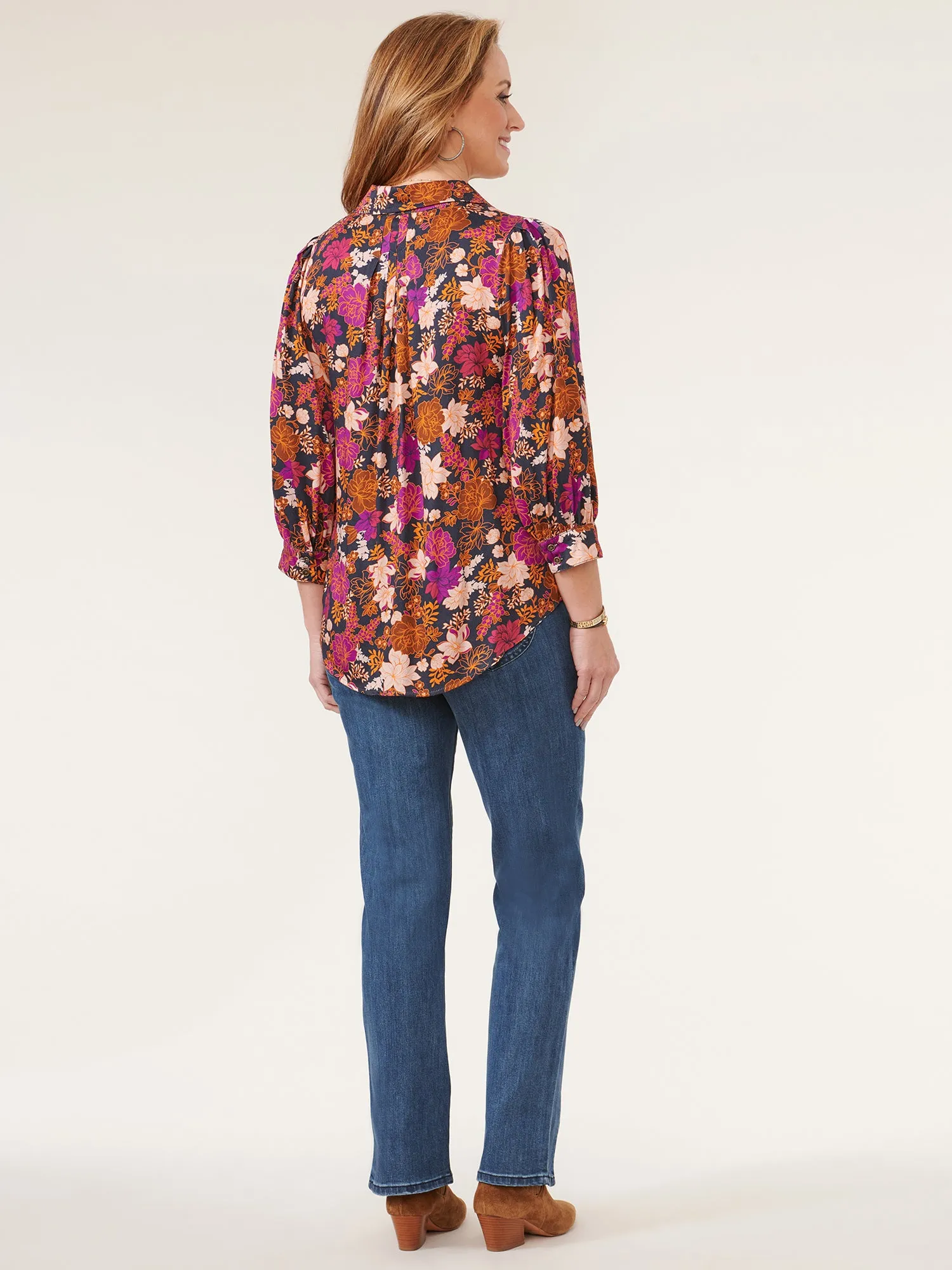 Blouson Sleeve Button Down Pleated Floral Petite Woven Shirt